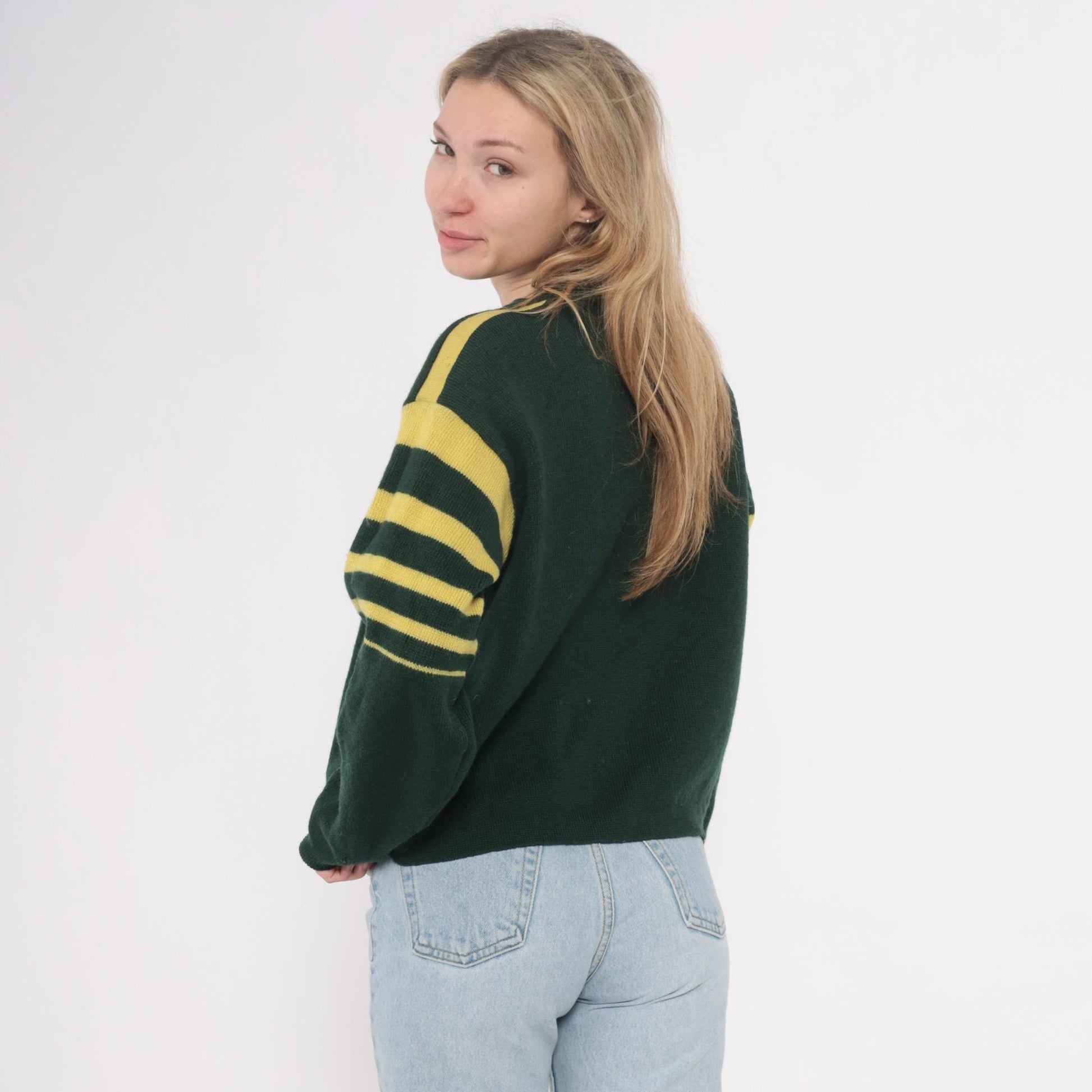 70s Norvyk by Renoir Wool Sweater Forest Green Striped Sleeves Large