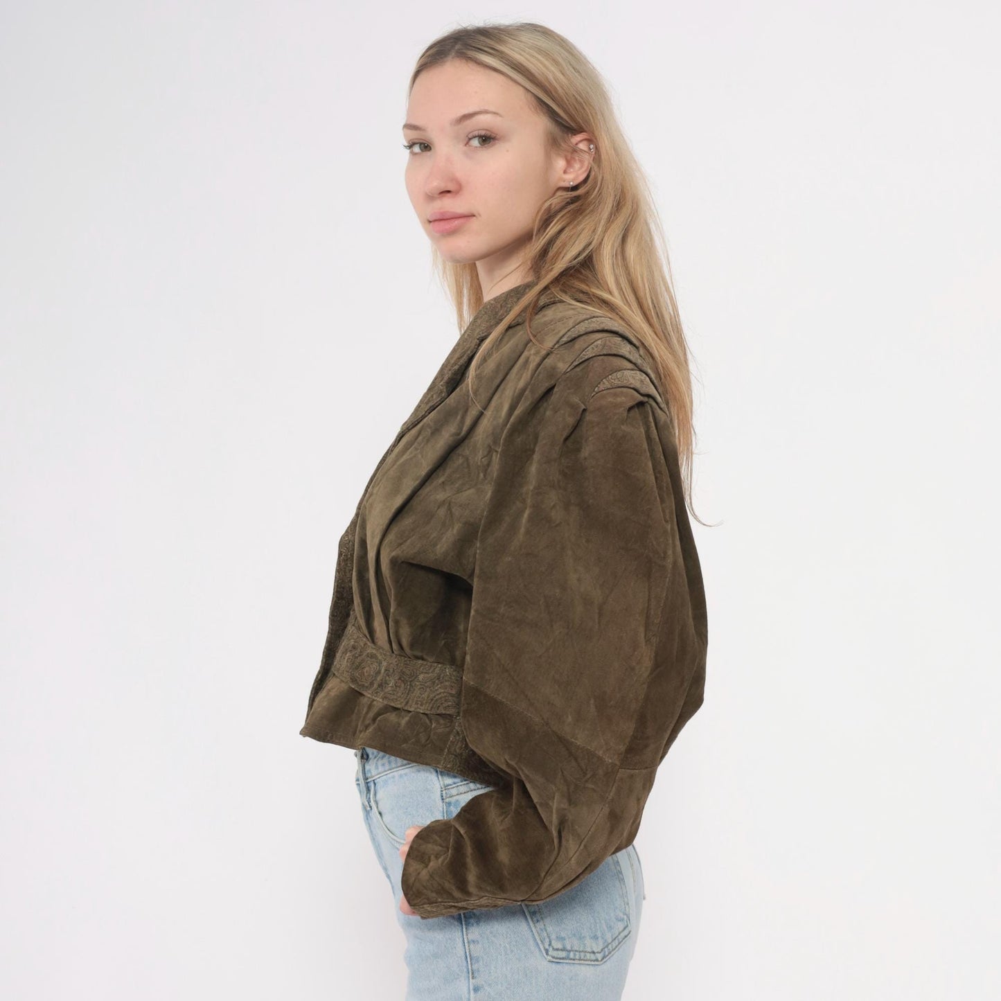 90s Olive Brown Leather Jacket Paisley Embossed Belted Cropped Small