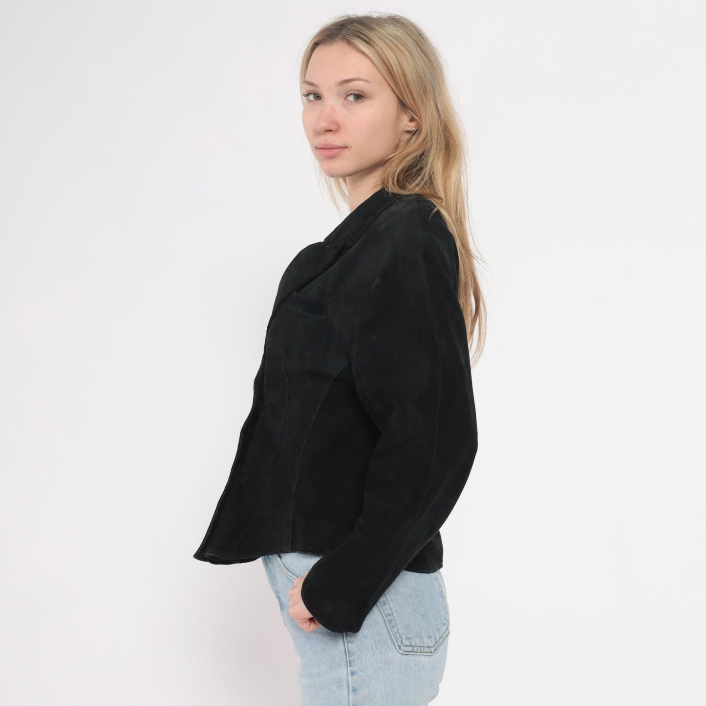 90s Winlit Black Leather Double Breasted Cropped Blazer Notched Lapel Small S