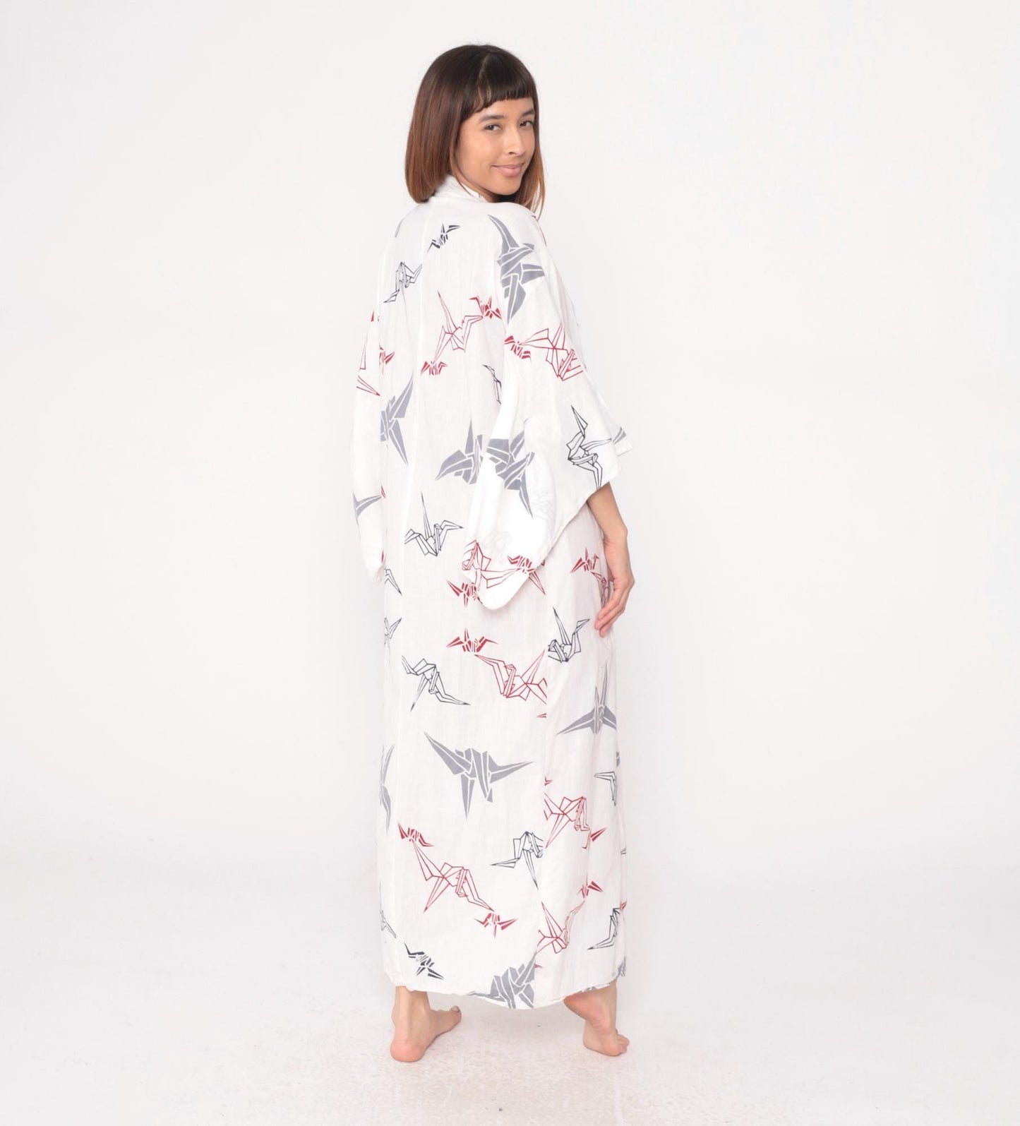 80s White Origami Crane Kimono Robe Maxi Cotton Duster Collared Large