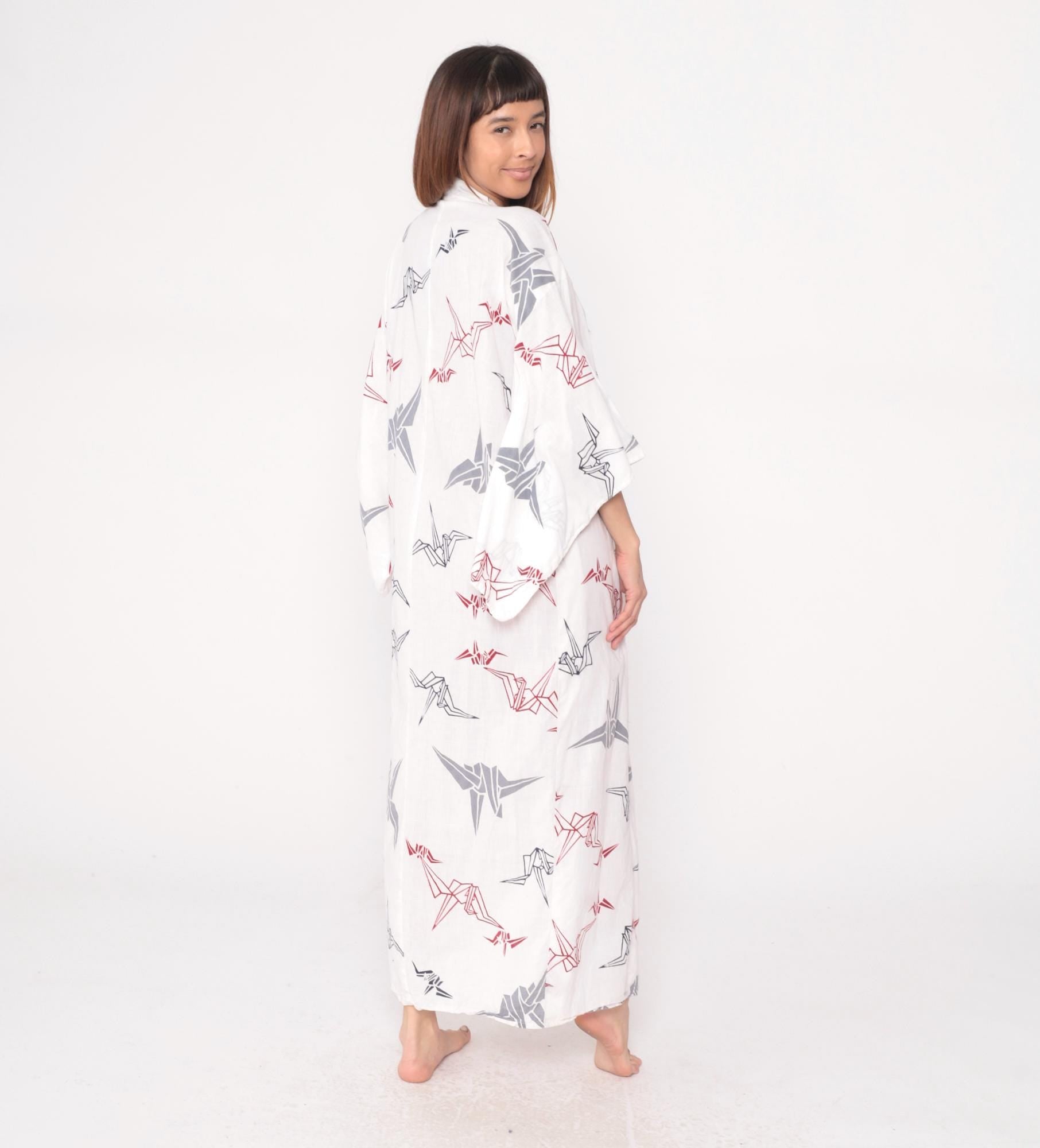 80s White Origami Crane Kimono Robe Maxi Cotton Duster Collared Large