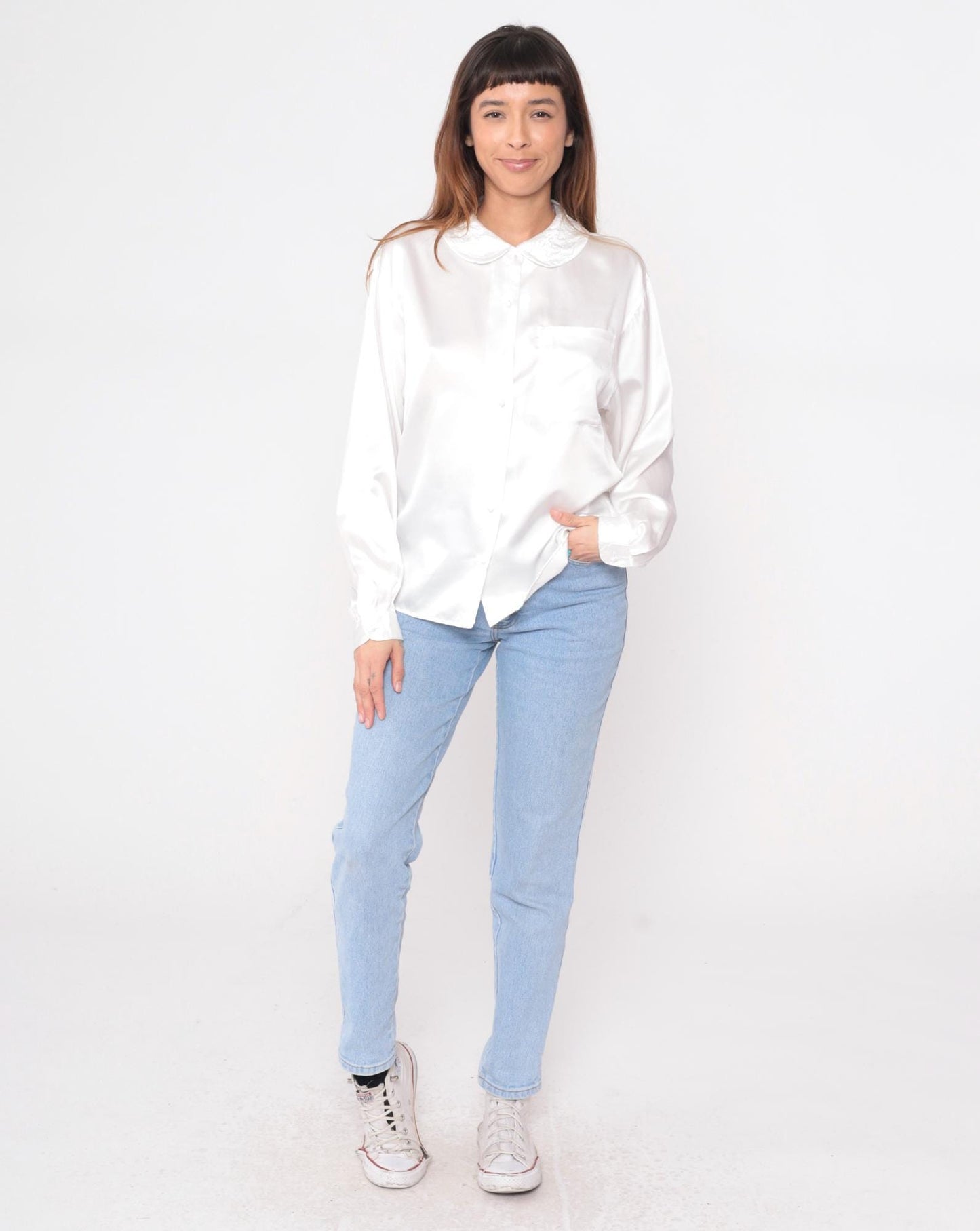 90s Charlotte van Horne White Peter Pan Collar Blouse Long Sleeve Large L