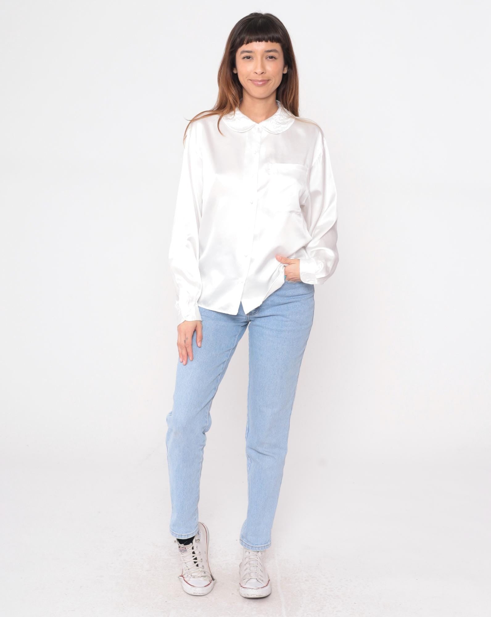 90s Charlotte van Horne White Peter Pan Collar Blouse Long Sleeve Large L