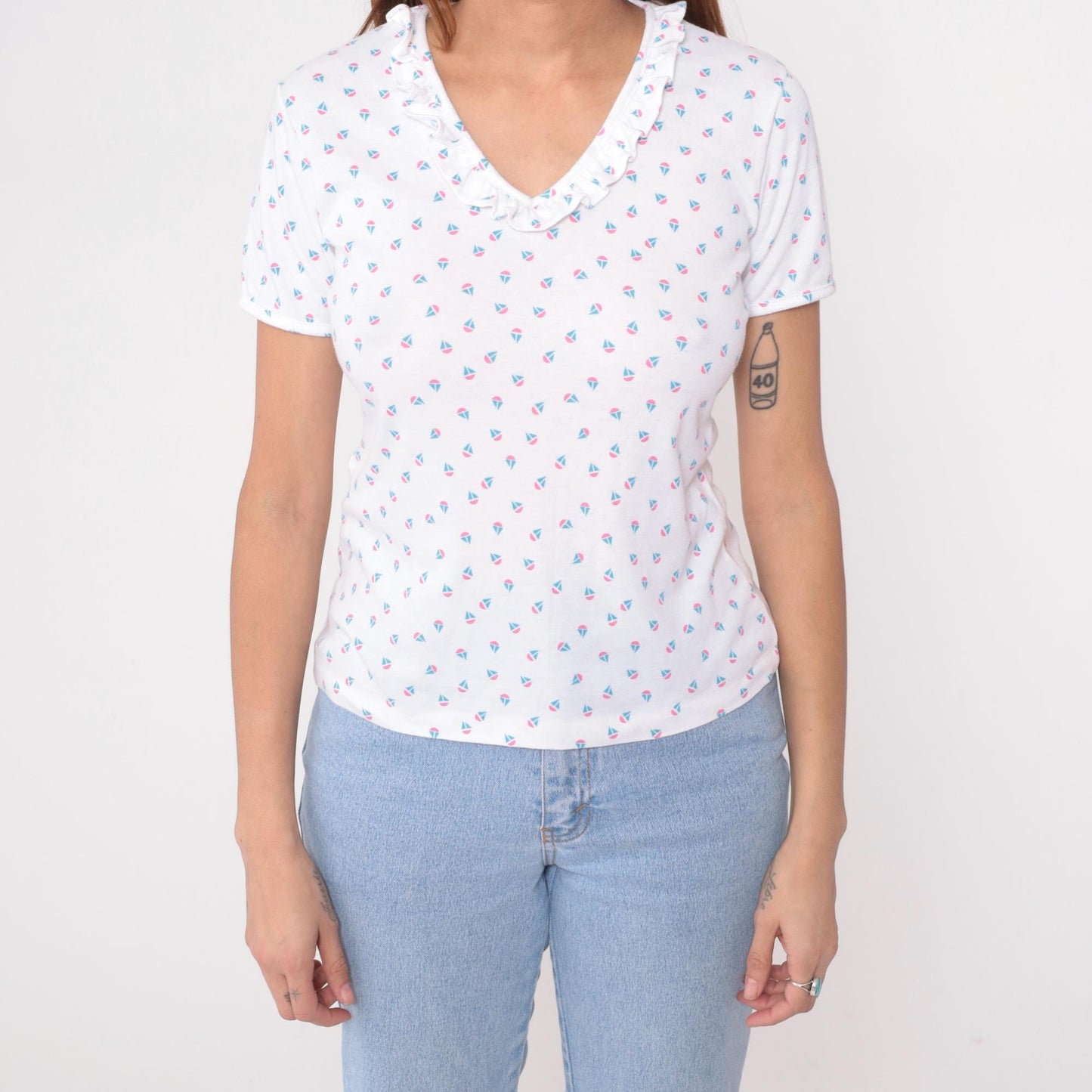 80s Sailboat Print Cotton Blouse Peter Pan Collar White Medium M