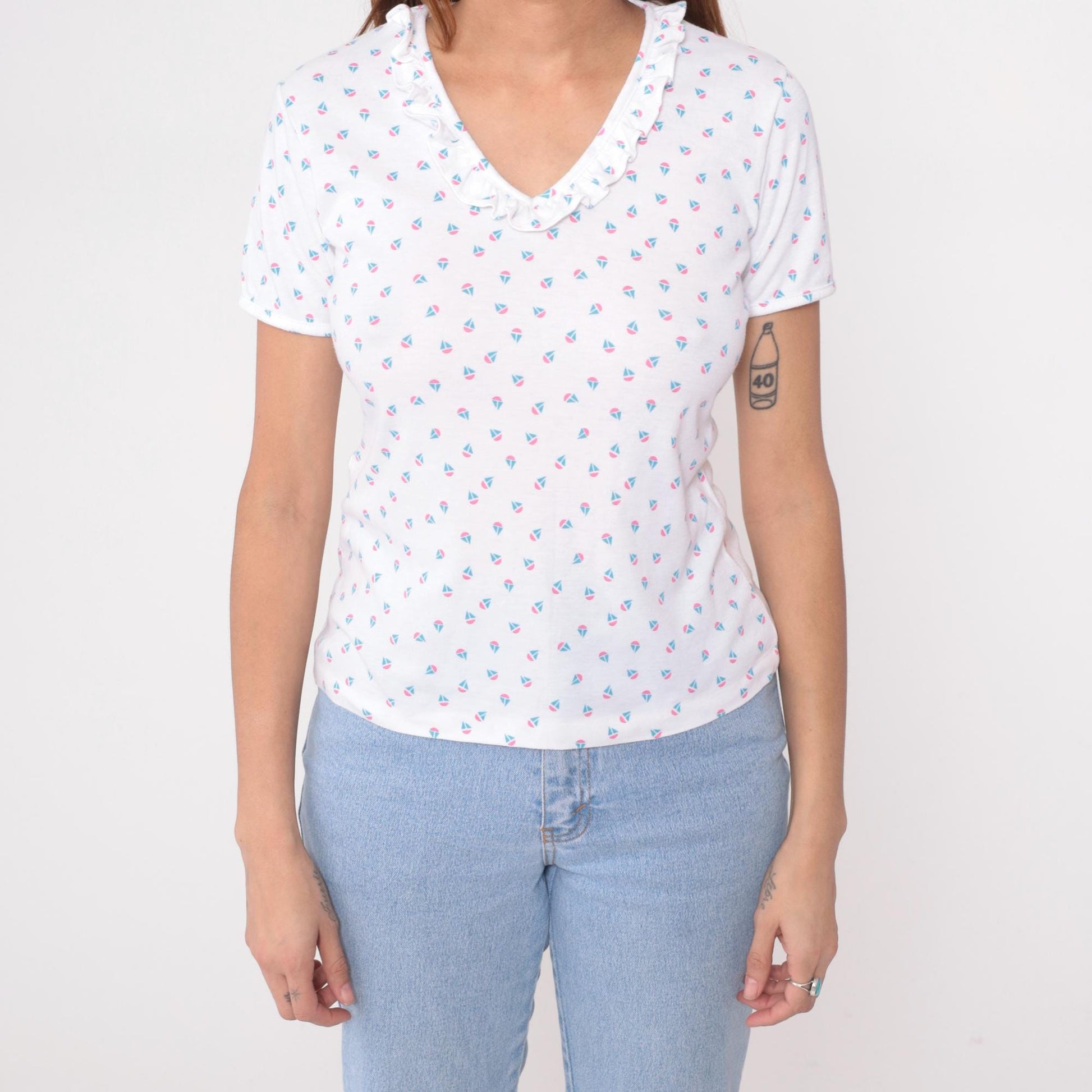 80s Sailboat Print Cotton Blouse Peter Pan Collar White Medium M