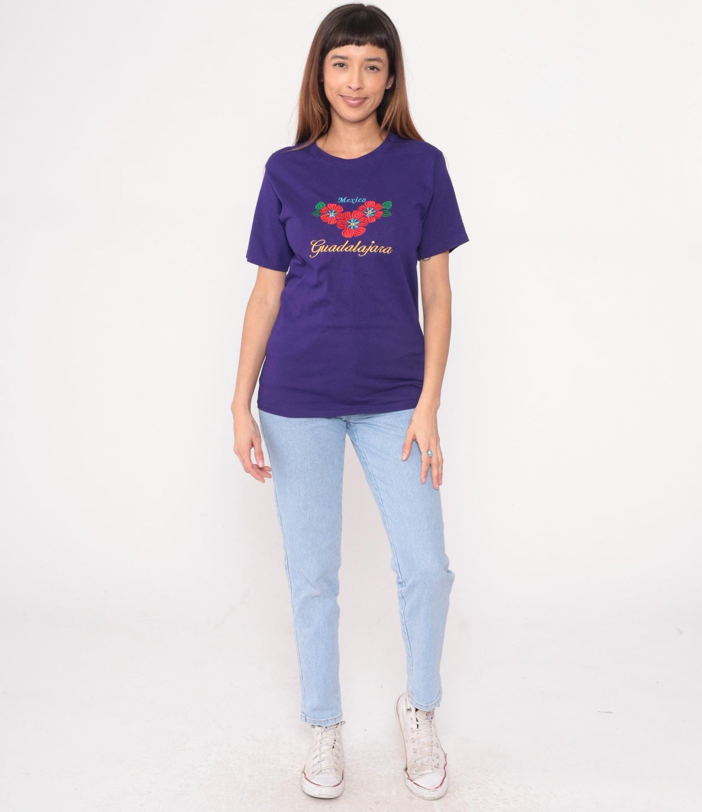 Y2K Yazbek Mexico Guadalajara Embroidered Floral T-Shirt Purple Small S