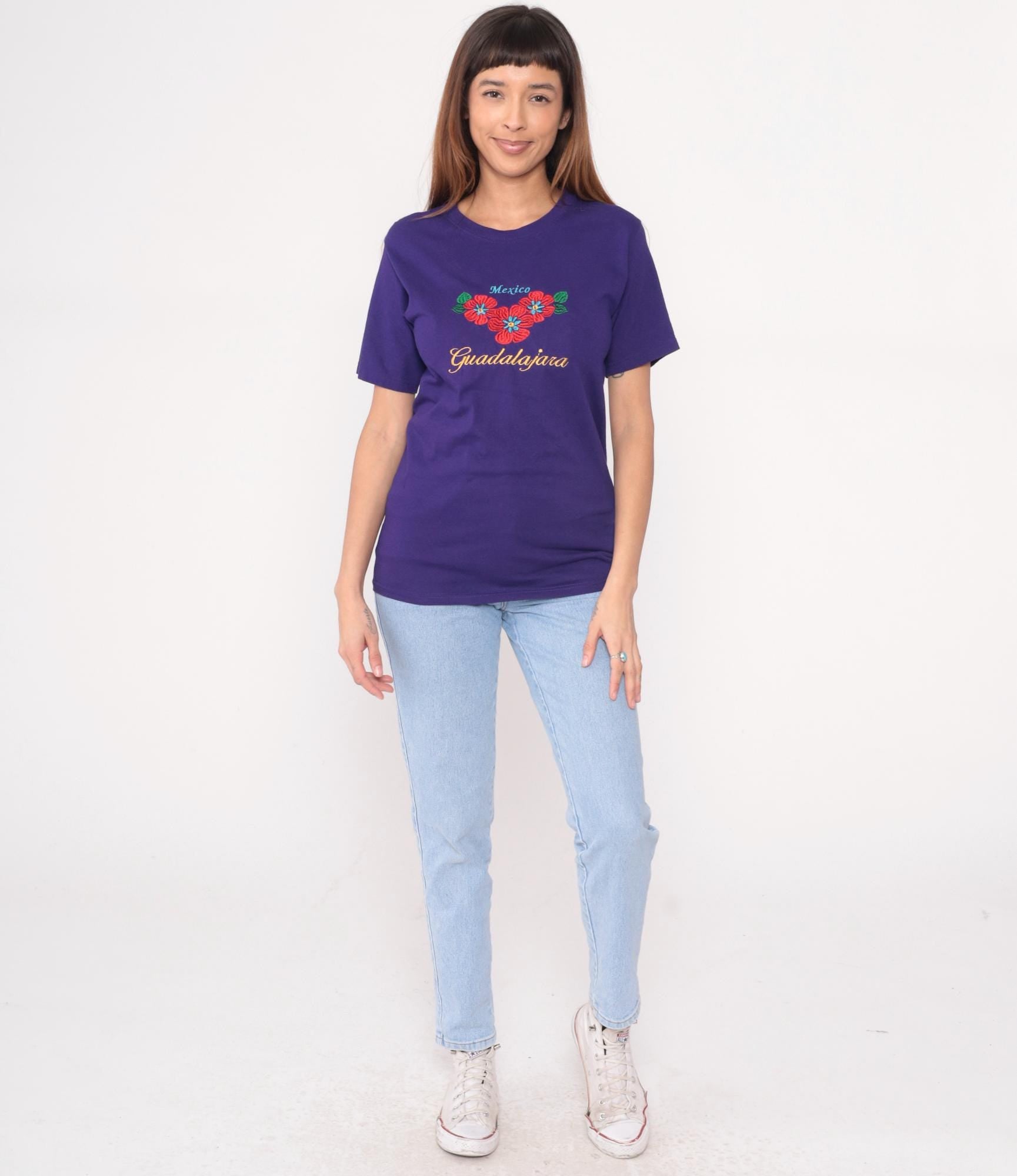 Y2K Yazbek Mexico Guadalajara Embroidered Floral T-Shirt Purple Small S