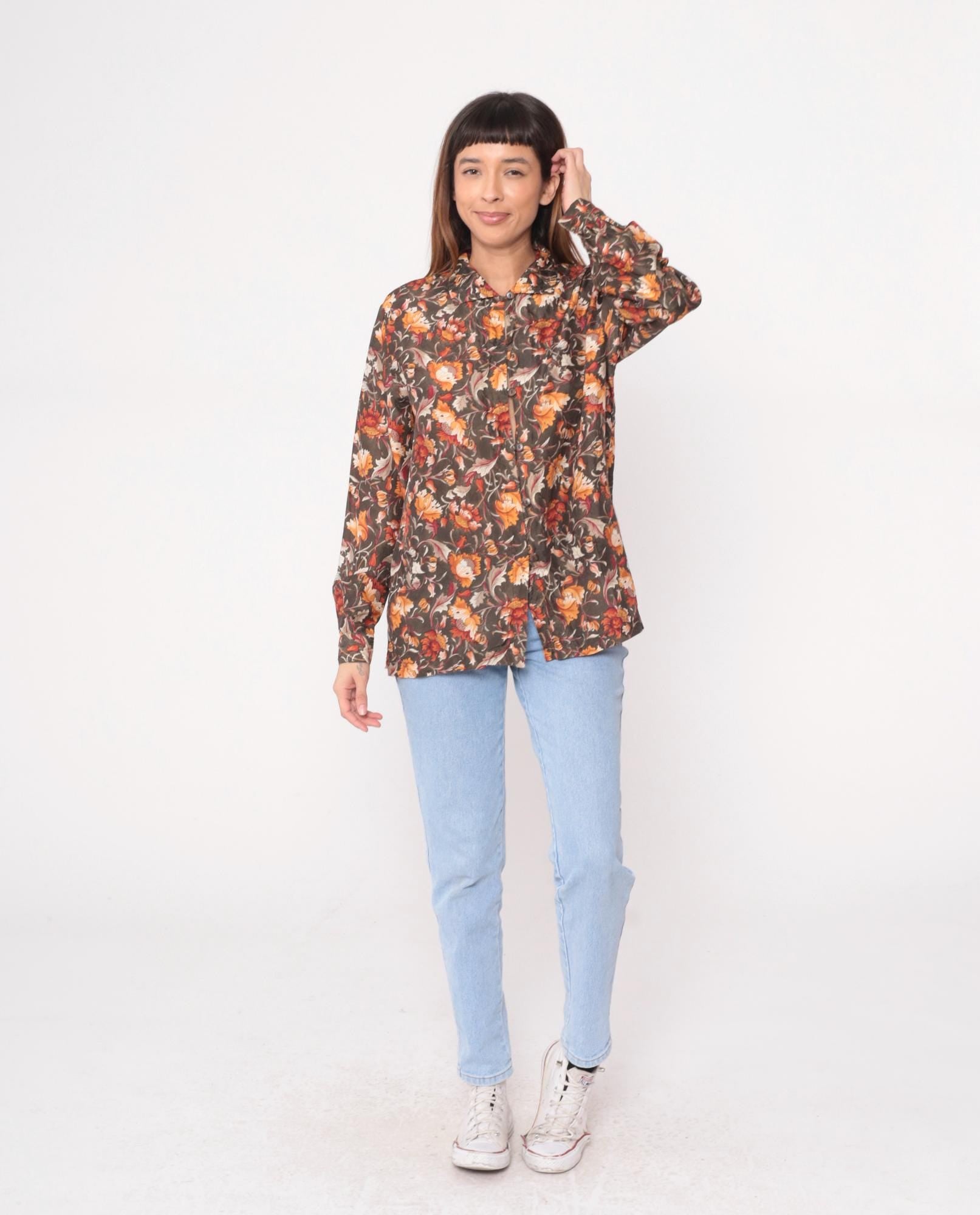 90s Silk Floral Button-Up Blouse Brown Orange Rust Cream Medium M