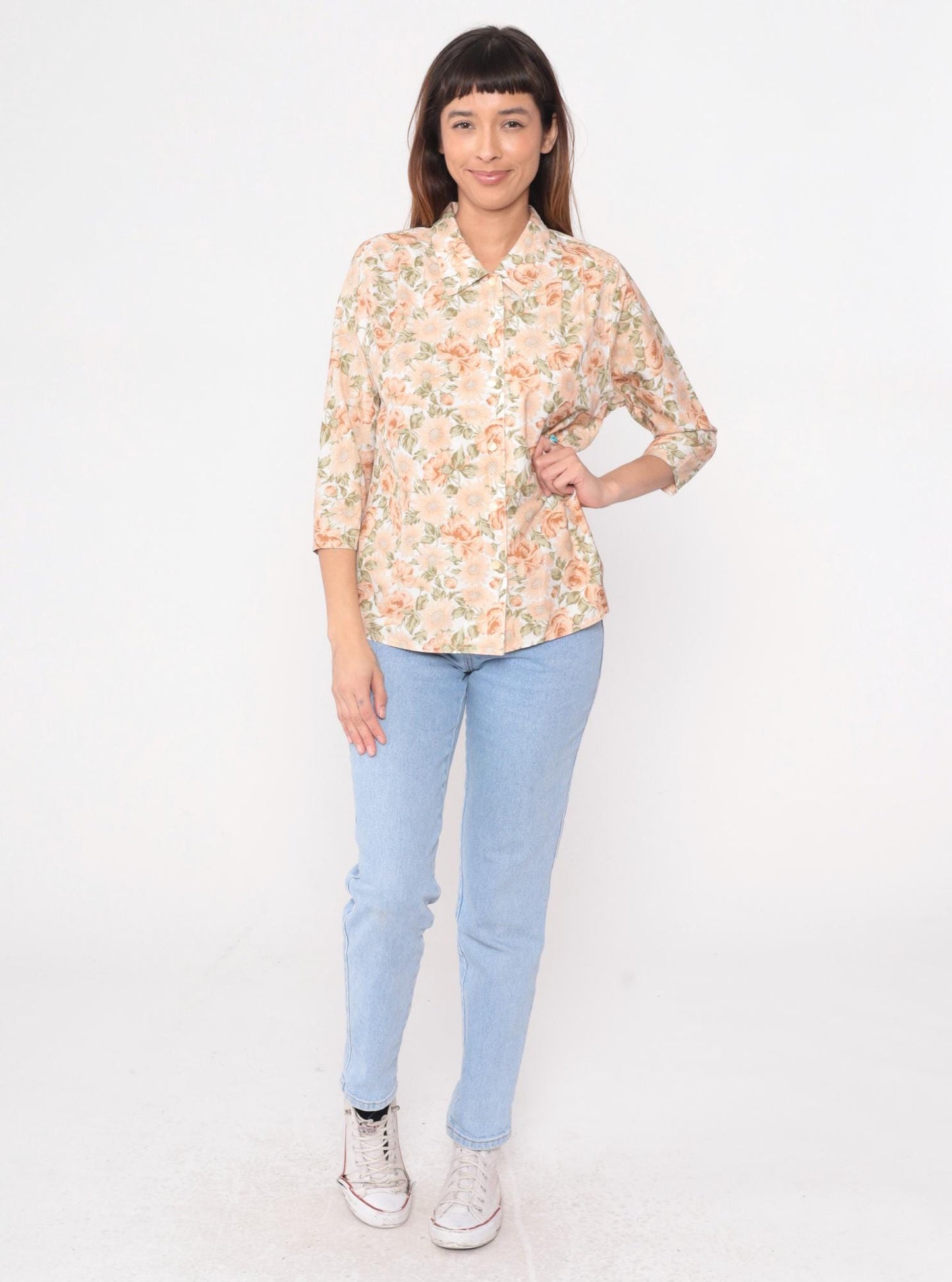 80s Floral Button-Front Blouse Peach Rose Print Cream Notched Collar Medium