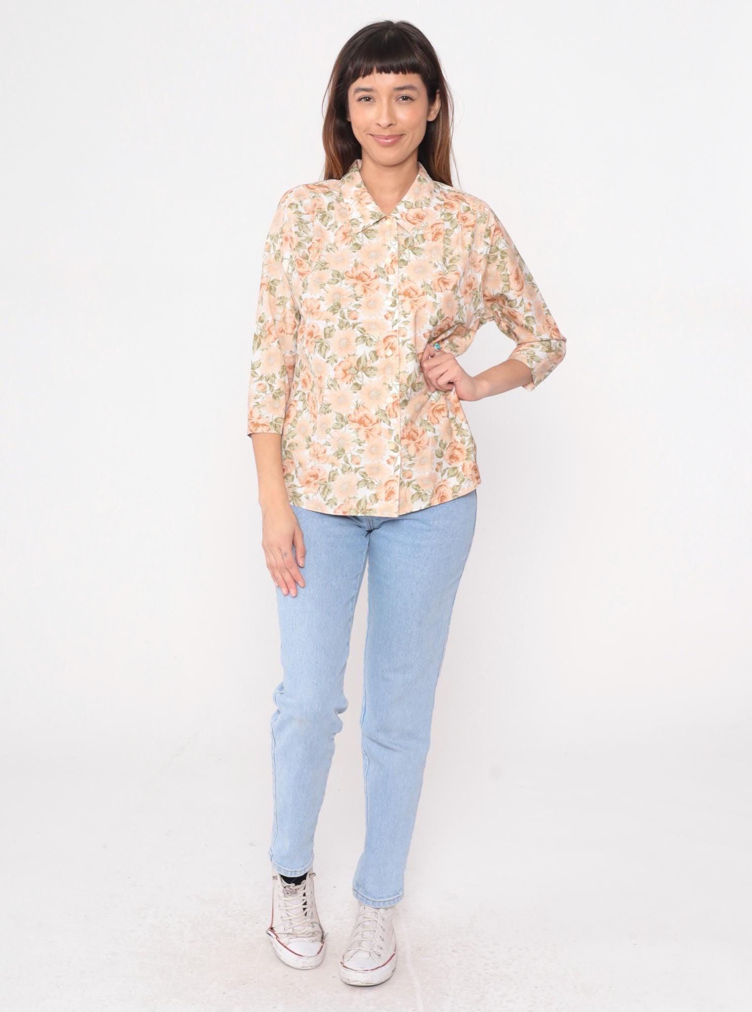 80s Floral Button-Front Blouse Peach Rose Print Cream Notched Collar Medium