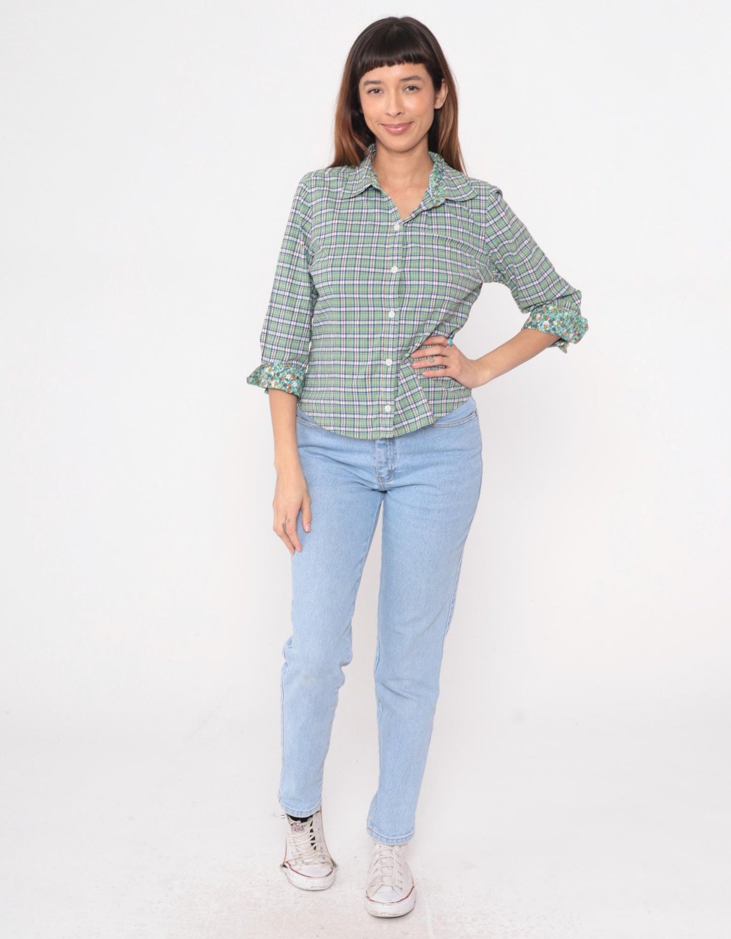 Y2K Talbots Plaid Button-Up Shirt Green Blue Floral Cuff Medium