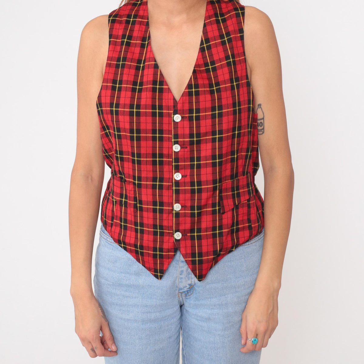 80s Red Plaid Wool Vest Button-Front V-Neck Sleeveless Small S