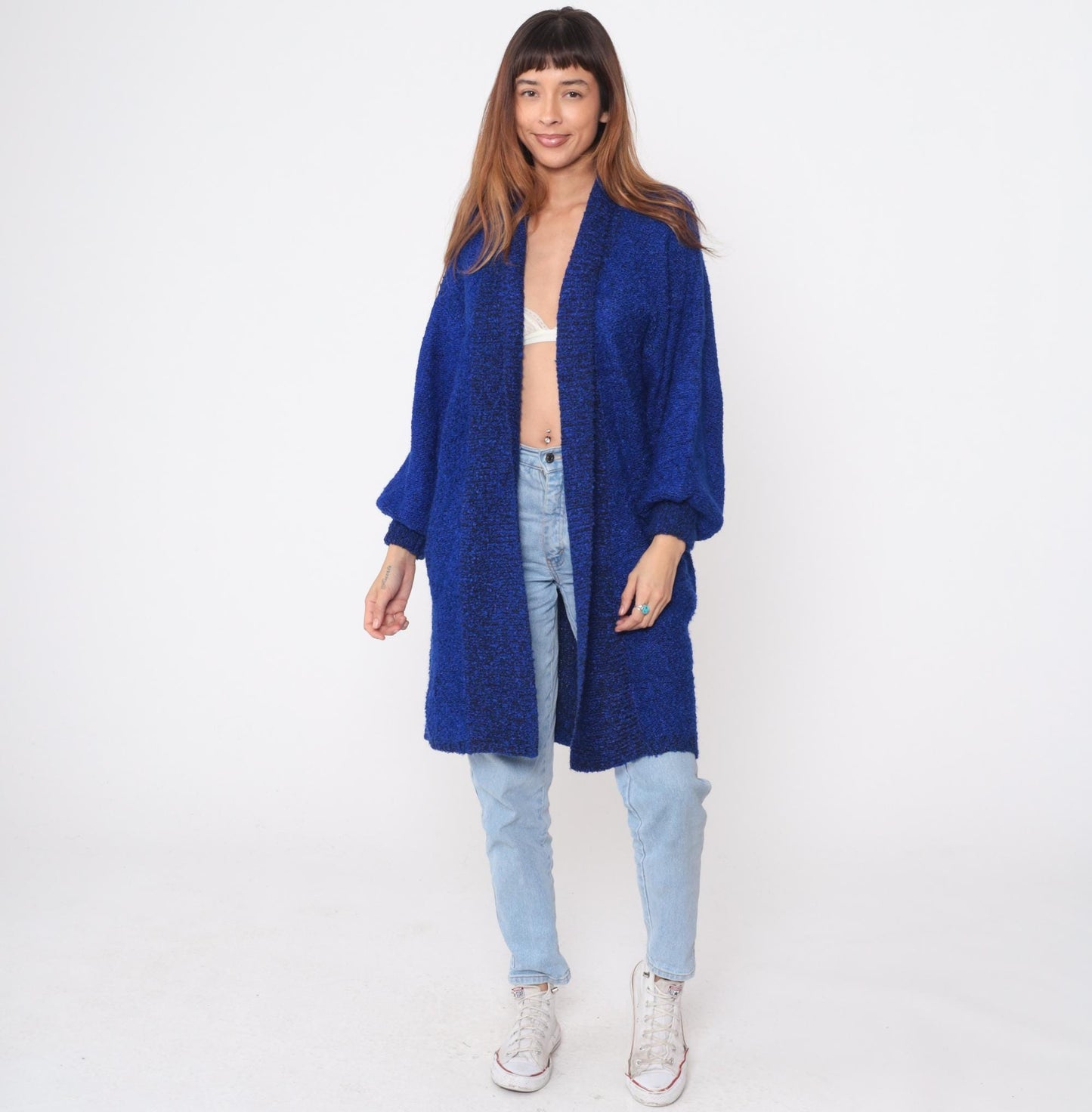 90s Sideffects Royal Blue Boucle Cardigan Duster Knee-Length Medium M