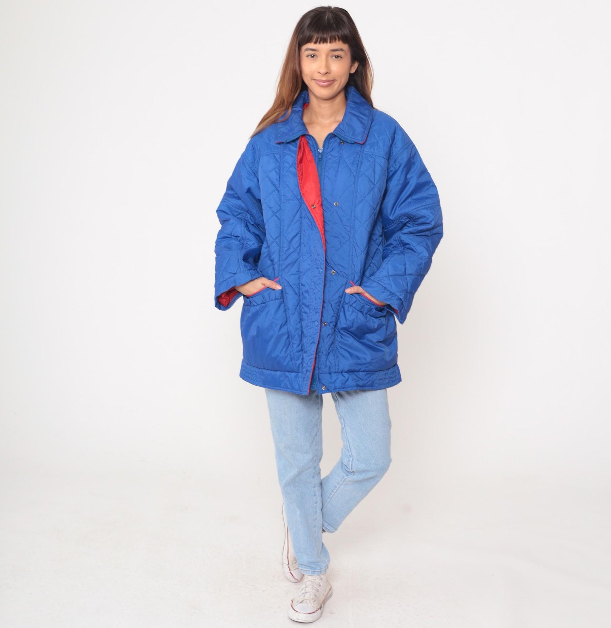 80s Aurora International Blue Quilted Jacket Diamond Pattern Red Lining Medium