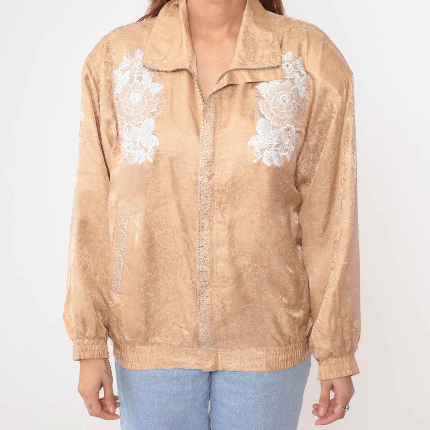 90s Silk Bomber Jacket Champagne Gold Embroidered Floral Medium M