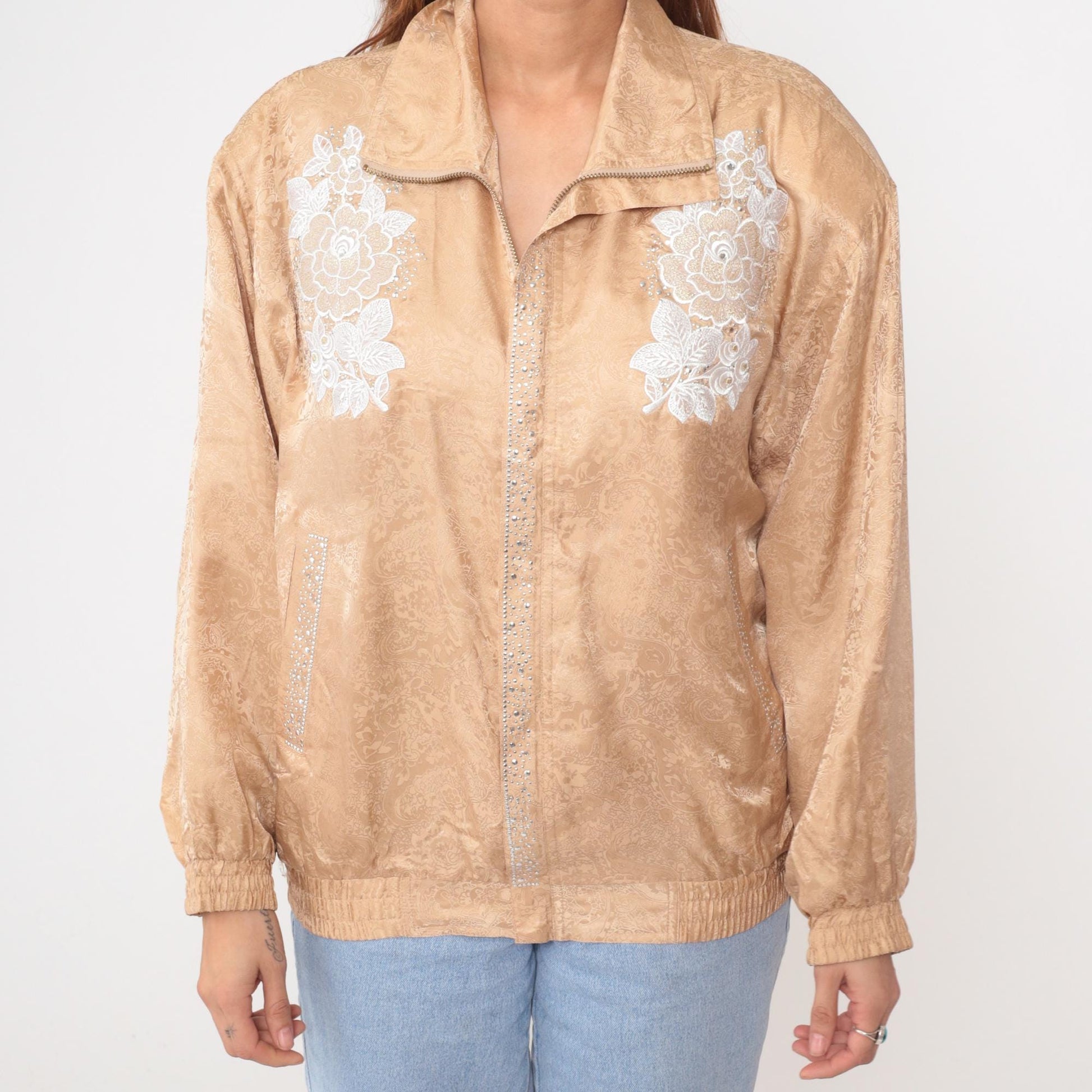 90s Silk Bomber Jacket Champagne Gold Embroidered Floral Medium M