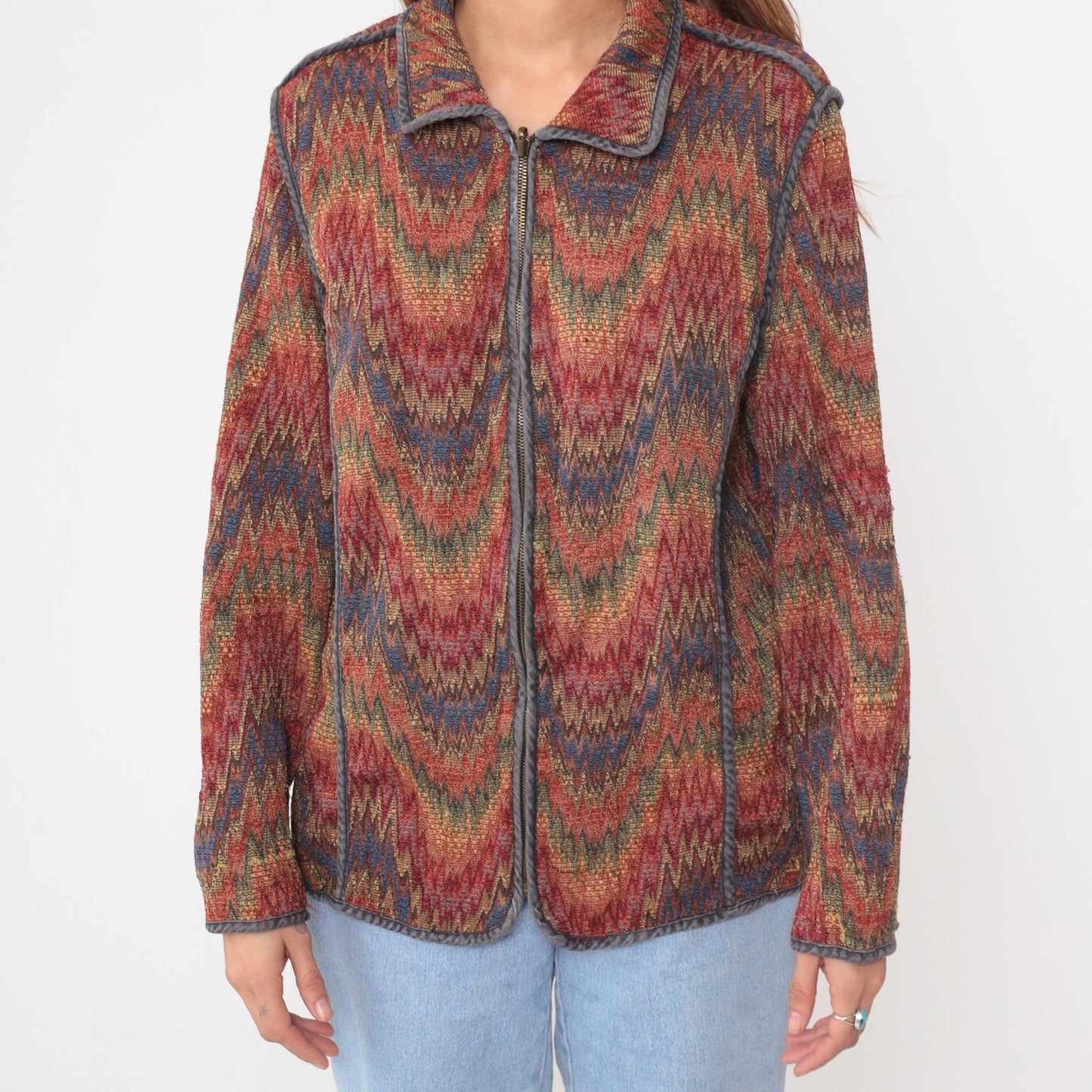 Y2K Chevron Zip Cardigan Multicolor Zigzag Knit Jacket Medium M