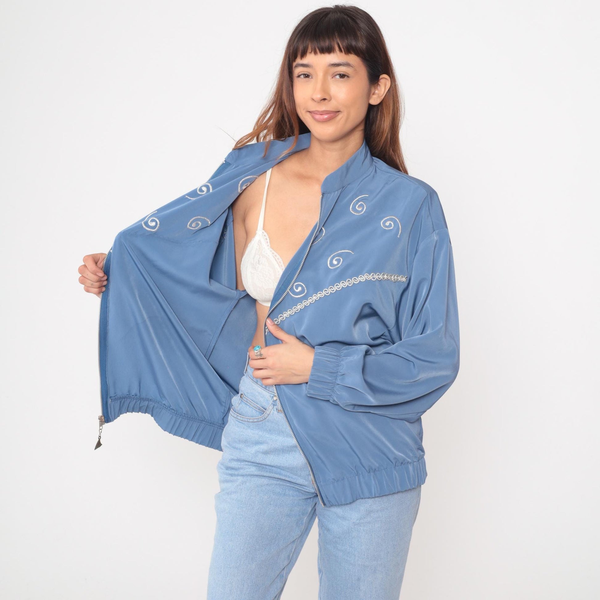 90s Silver Threads Powder Blue Bomber Jacket Spiral Embroidery Medium M