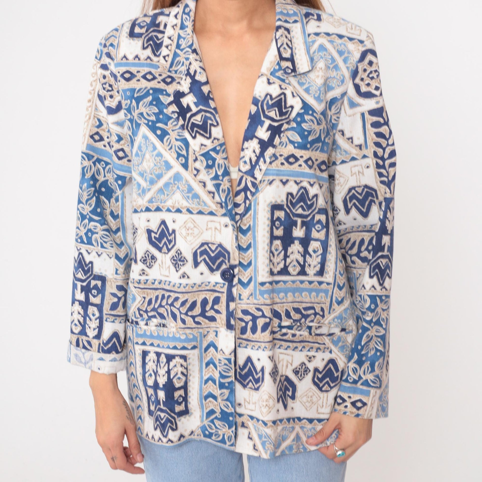 90s Blair Boutique Geometric Tile Blazer Blue White Cotton Medium