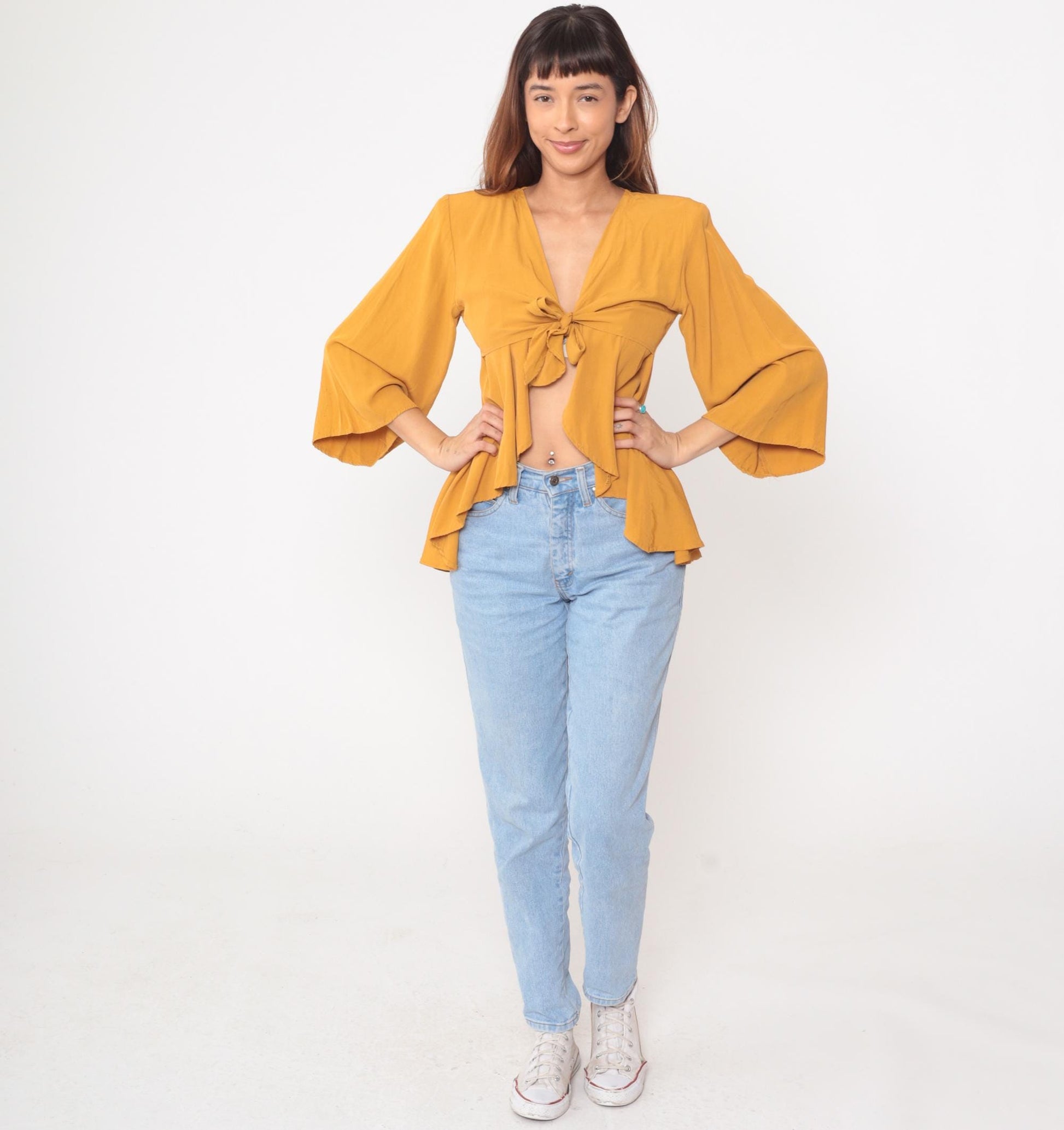 90s Rondo Mustard Yellow Crop Top Deep V Tie Front Peplum Medium M
