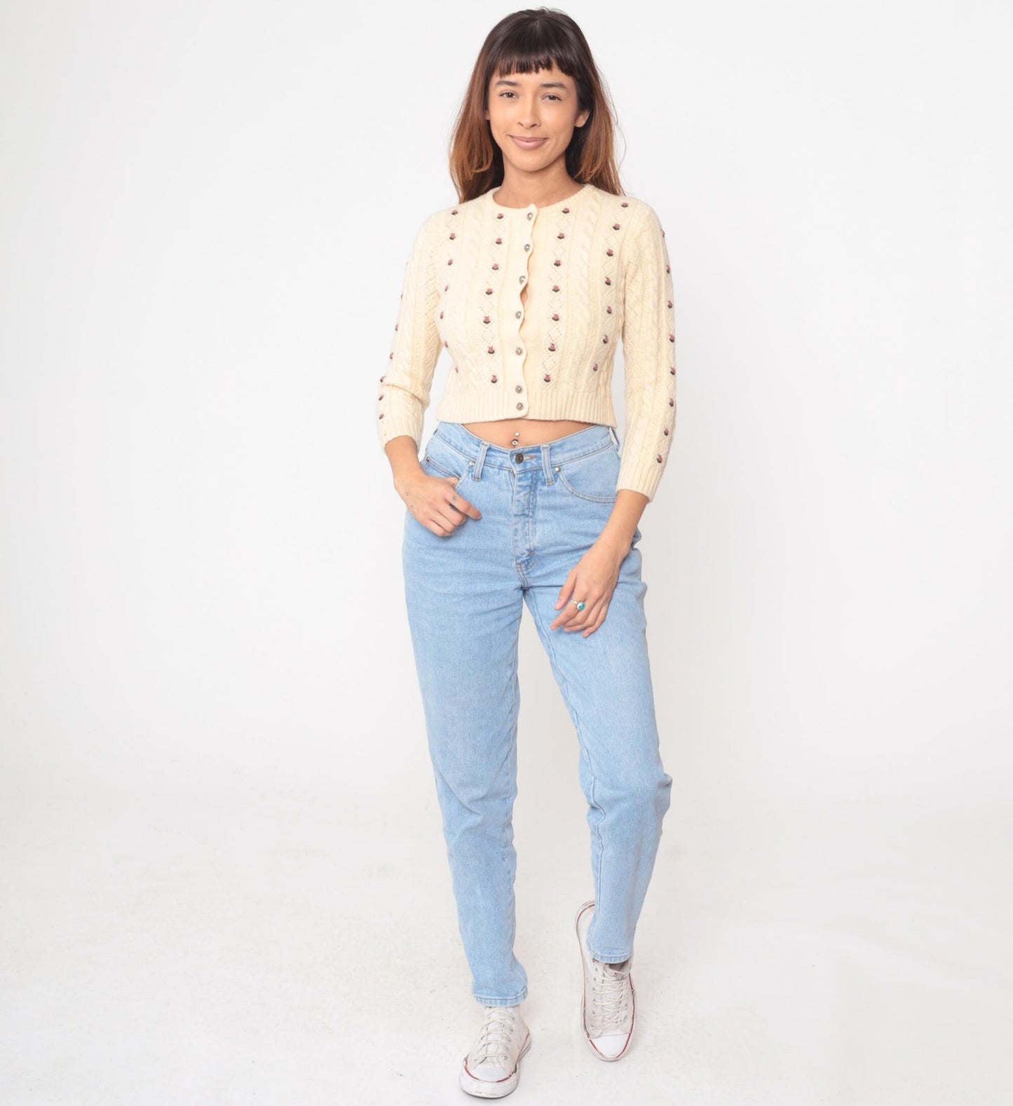 80s Cream Wool Cable Knit Cardigan Embroidered Roses Cropped Extra Small XS