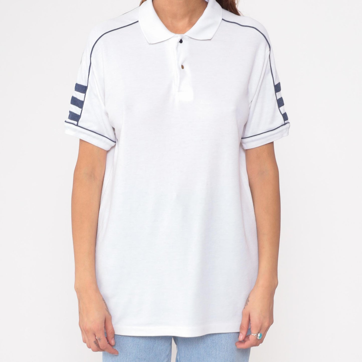 80s Private Club White Polo Shirt Navy Trim Short Sleeve Large L