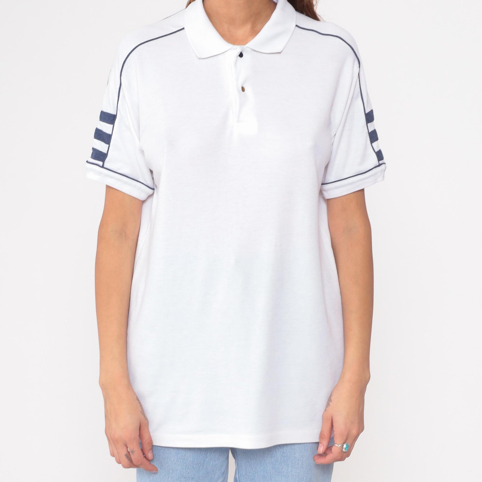 80s Private Club White Polo Shirt Navy Trim Short Sleeve Large L