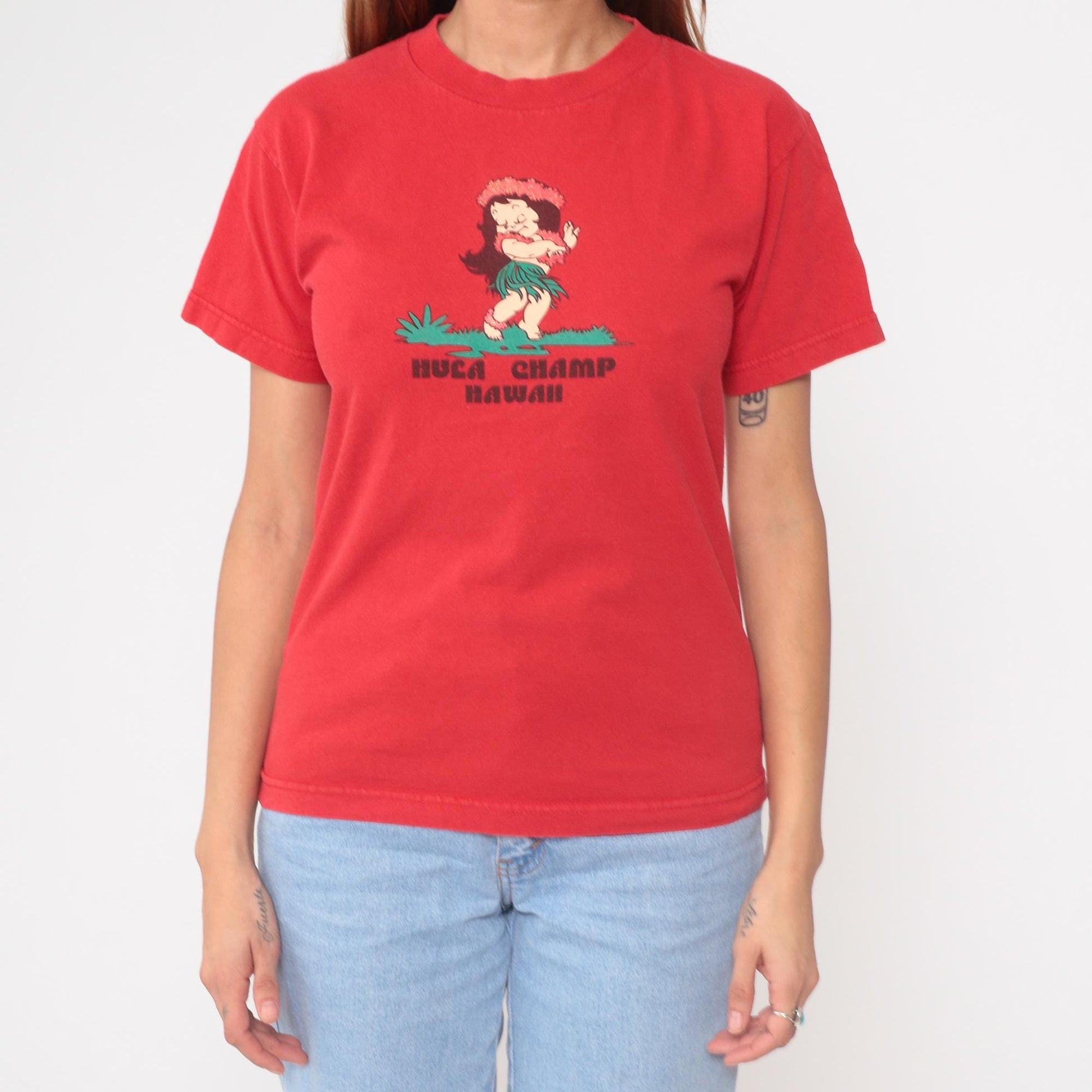 Y2K Hula Champ Hawaii Red Graphic T-Shirt Cotton Crew Neck Small S