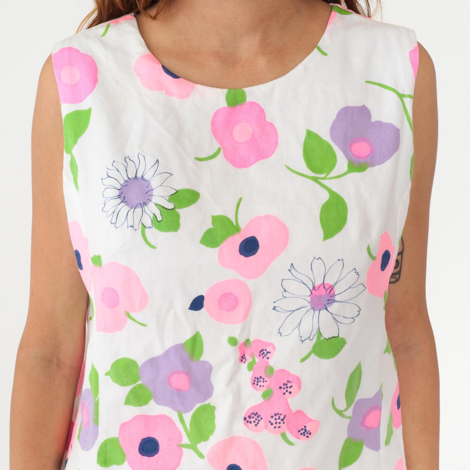 60s Floral Shift Dress Navy Daisy Pink Purple White Cotton Sleeveless Medium