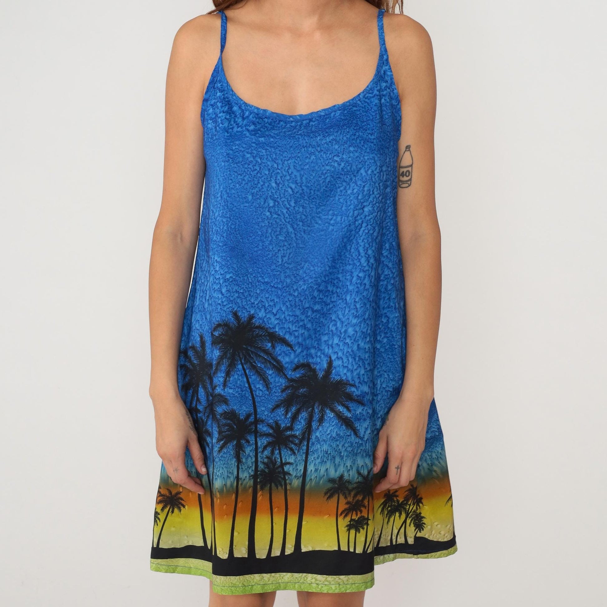 Y2K Blue Ombre Slip Dress Tropical Sunset Palm Tree Print Large L