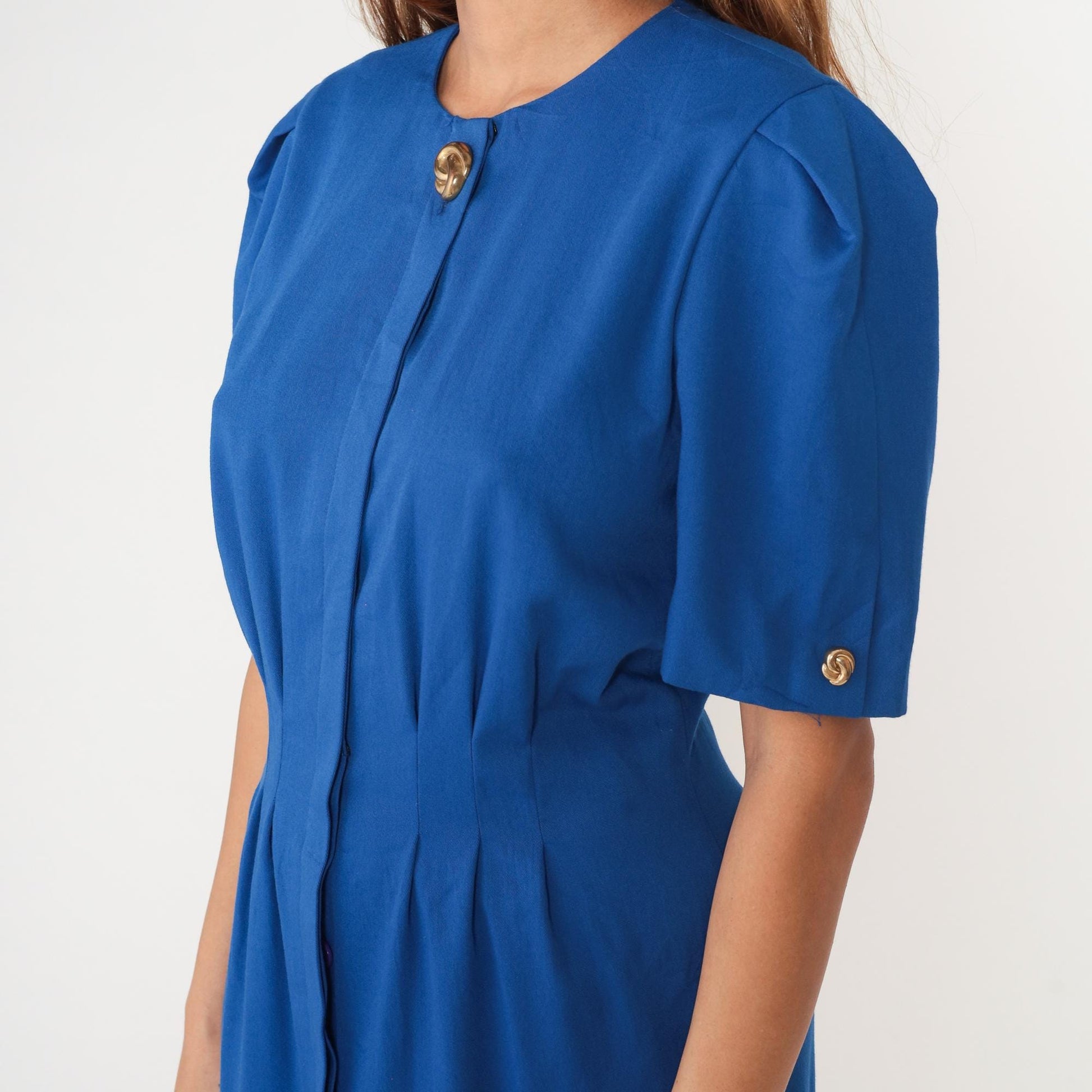 90s Royal Blue Secretary Dress Puff Sleeve Fitted Waist Knee-Length Medium