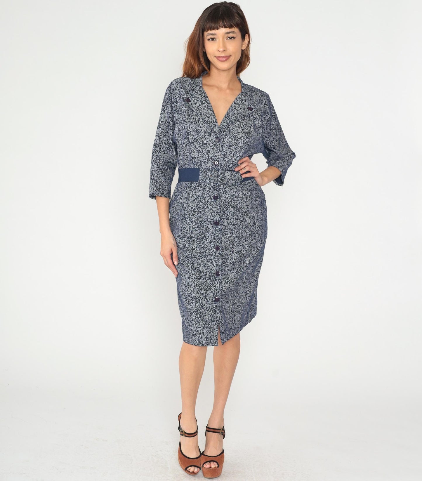90s Wild Dress Navy Speckled Midi V-Neck Button Front Medium M