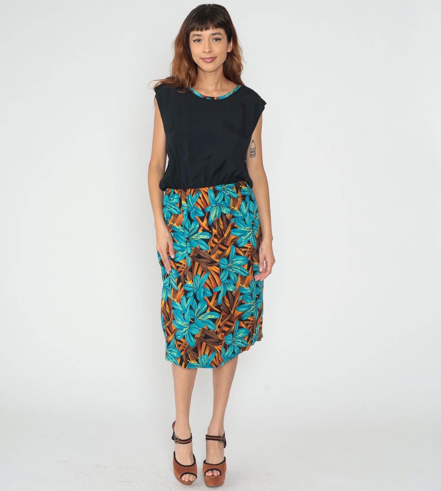 90s Tropical Floral Colorblock Sleeveless Dress Black Turquoise Large L
