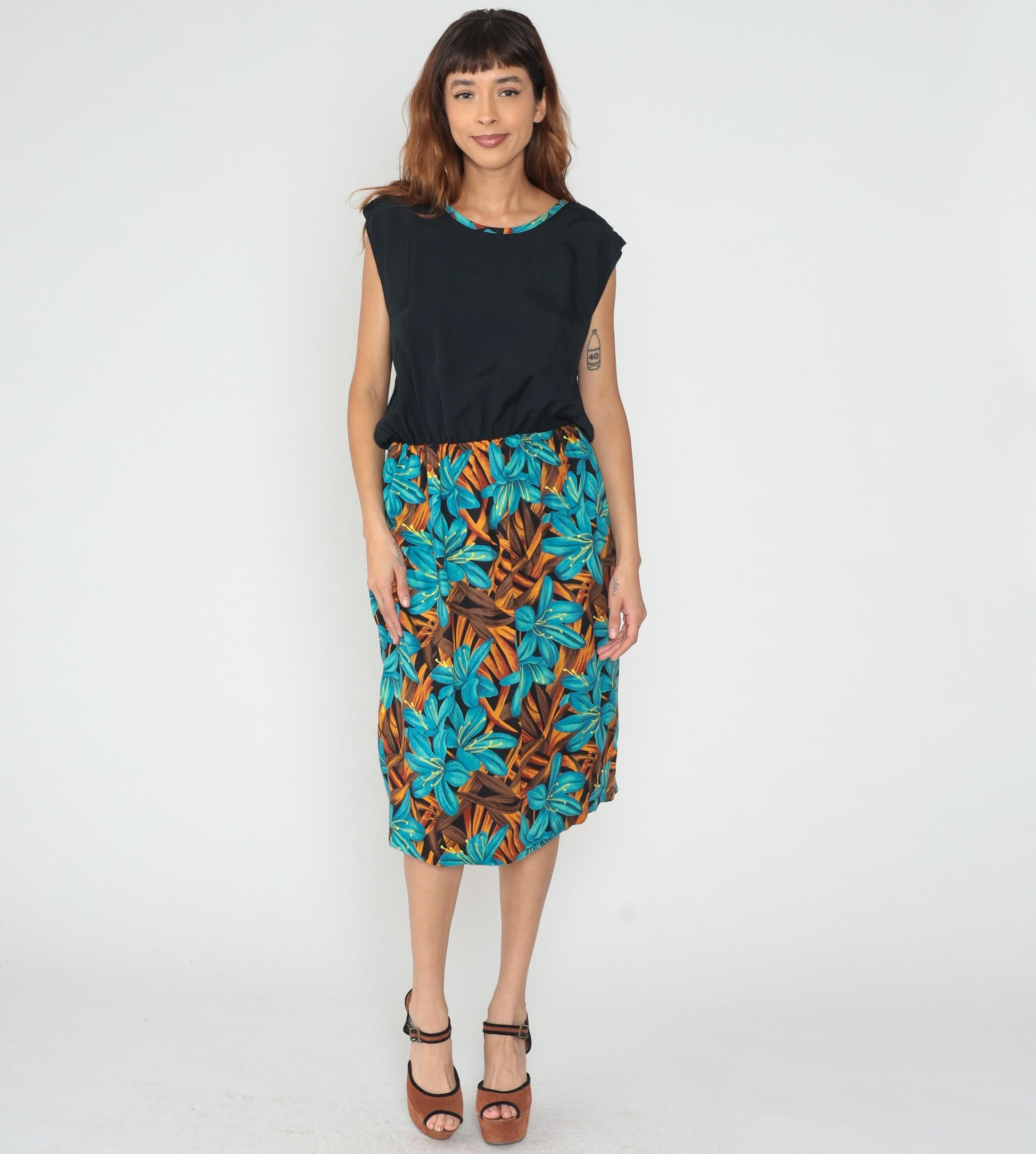 90s Tropical Floral Colorblock Sleeveless Dress Black Turquoise Large L
