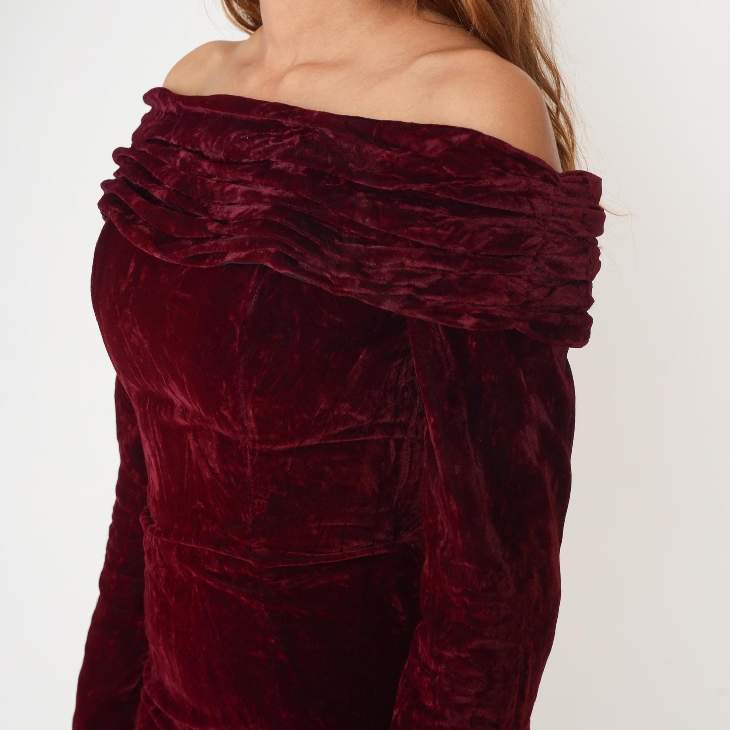 90s Rampage Burgundy Velvet Mini Dress Off-Shoulder Long Sleeve Small