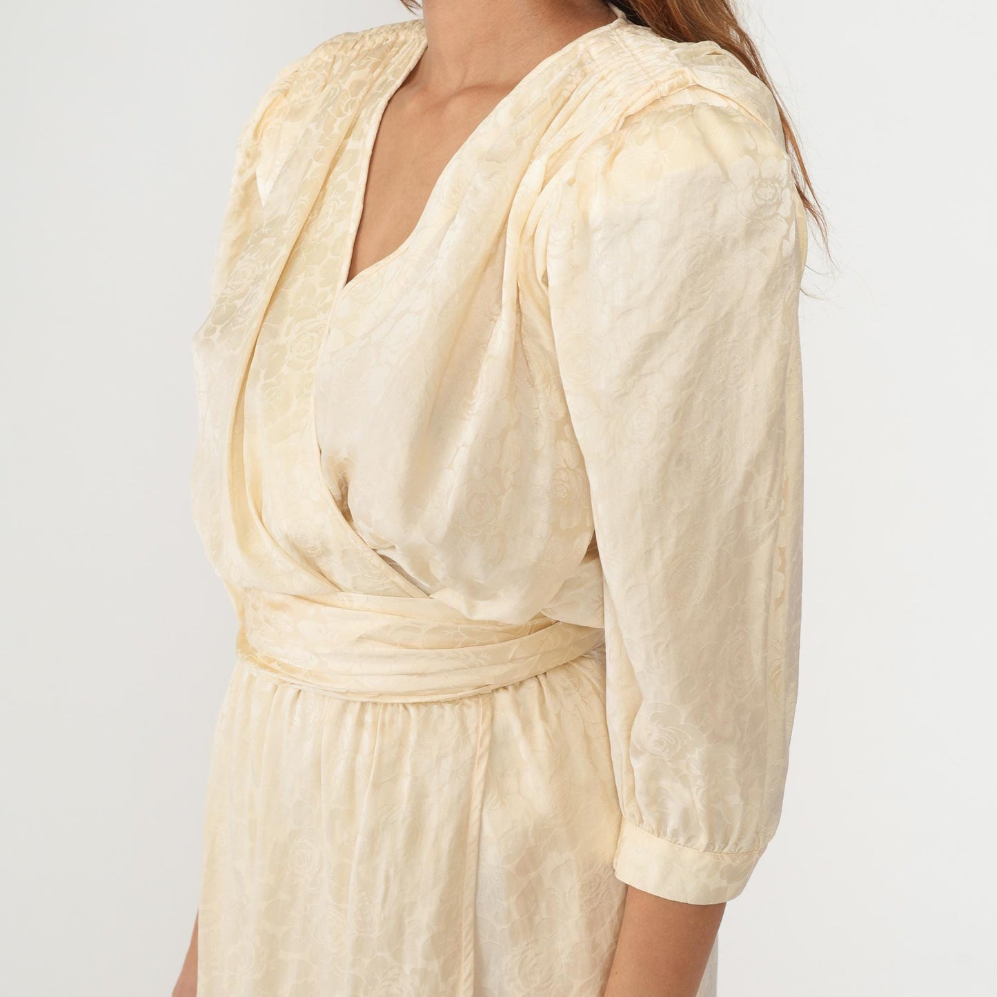 90s Argenti Silk Wrap Dress Cream Floral Jacquard V-Neck Small S