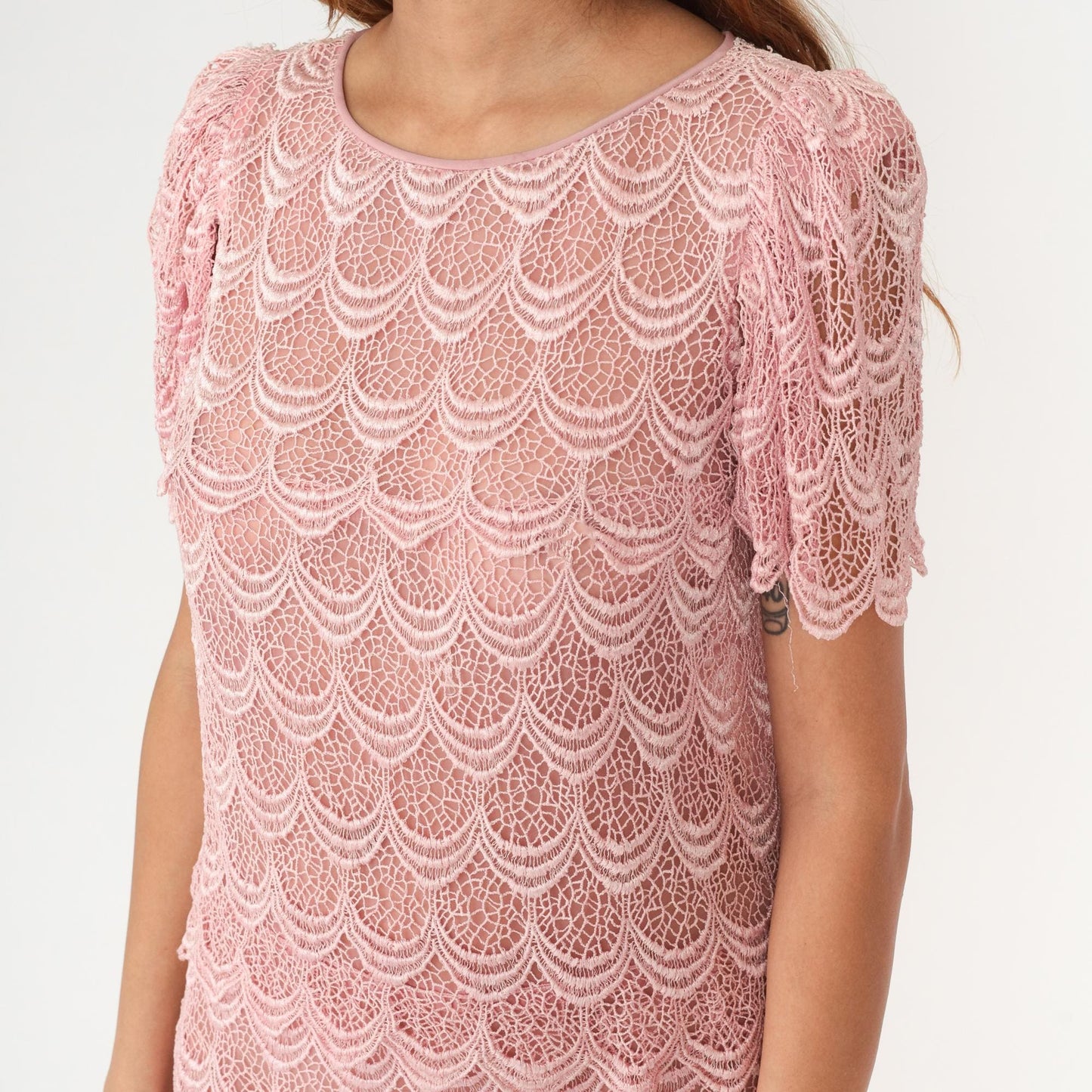 80s Martinique Pink Lace Maxi Dress Scalloped Short Sleeve Small