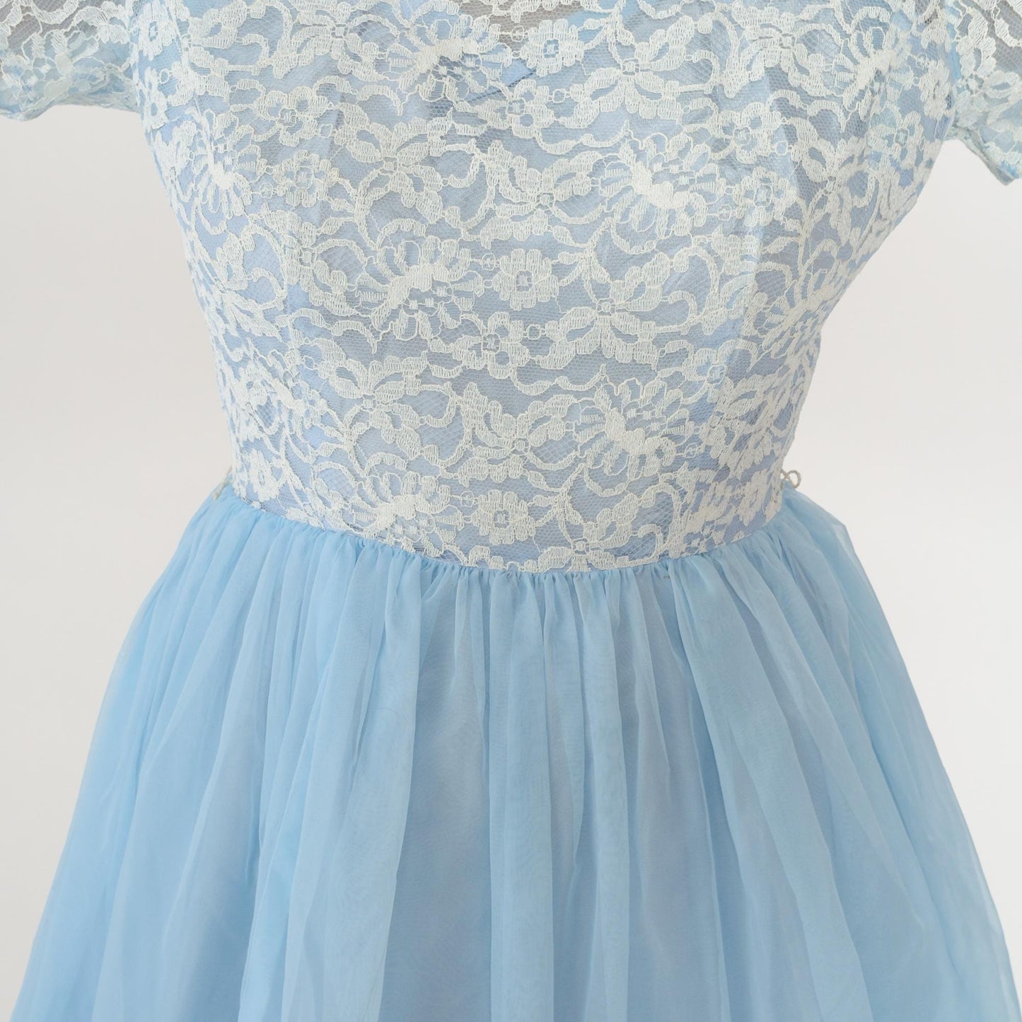 60s Light Blue Floral Lace Party Dress White Overlay Chiffon Skirt Small