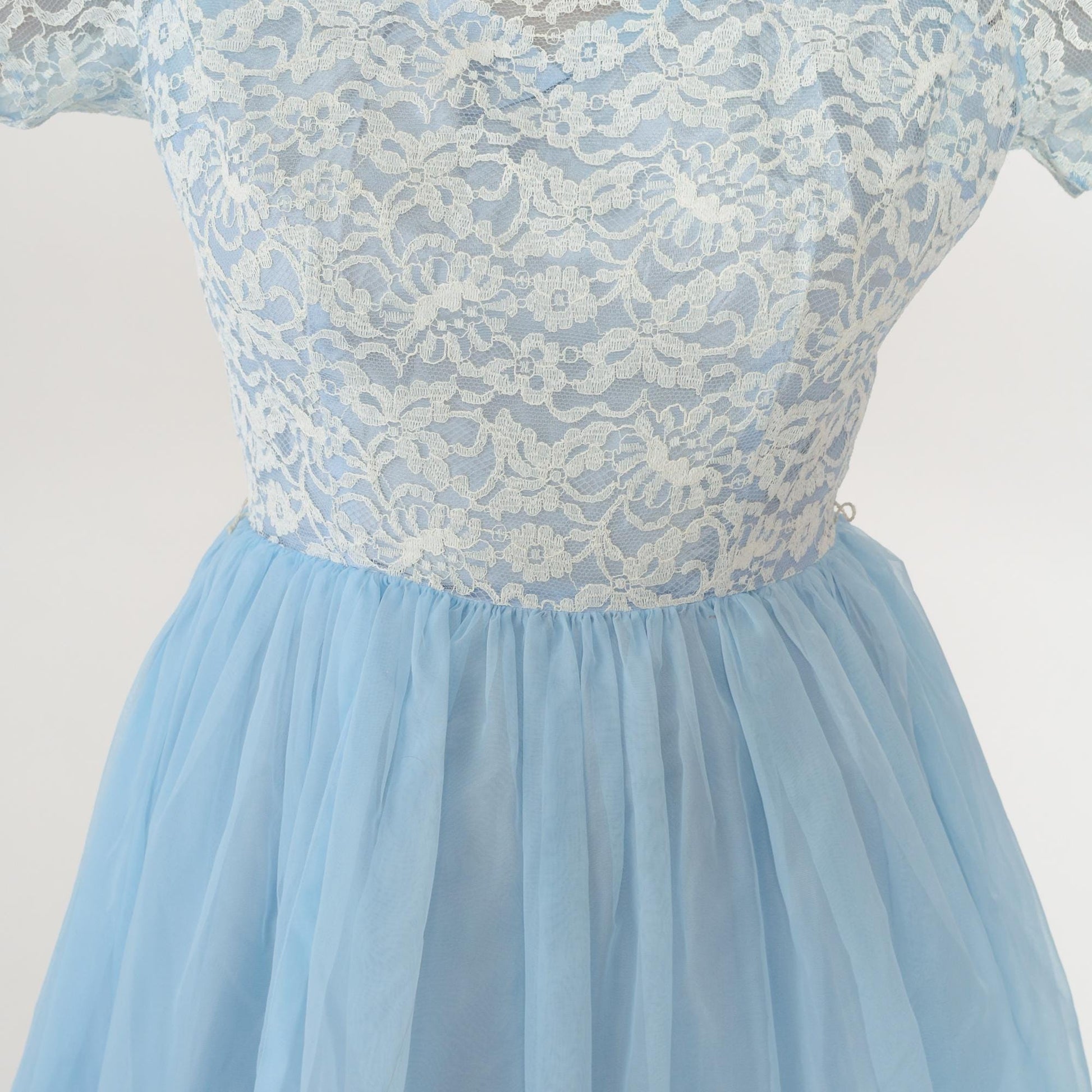 60s Light Blue Floral Lace Party Dress White Overlay Chiffon Skirt Small