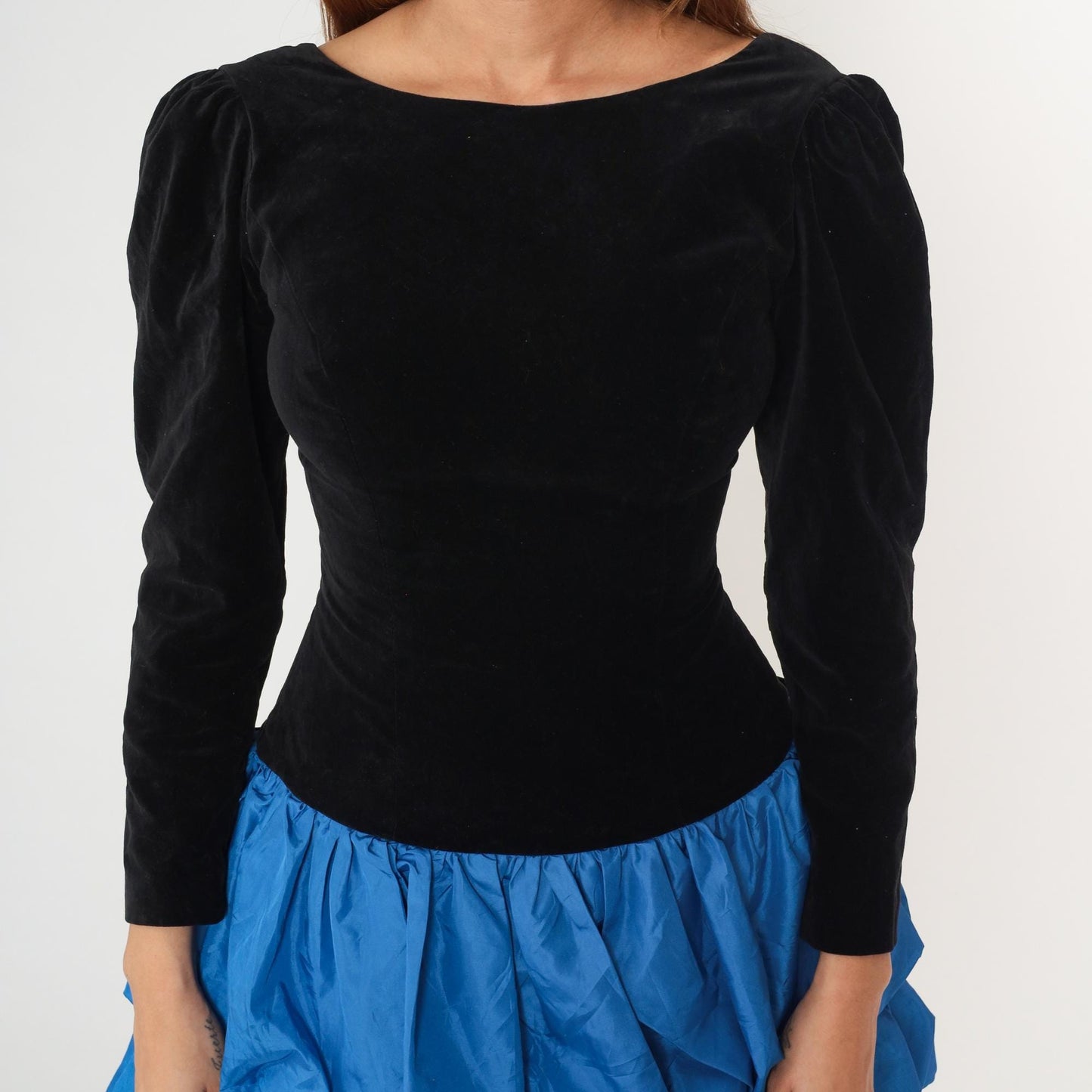 80s Black Velvet Blue Ruffle Puff Sleeve Backless Dress Small