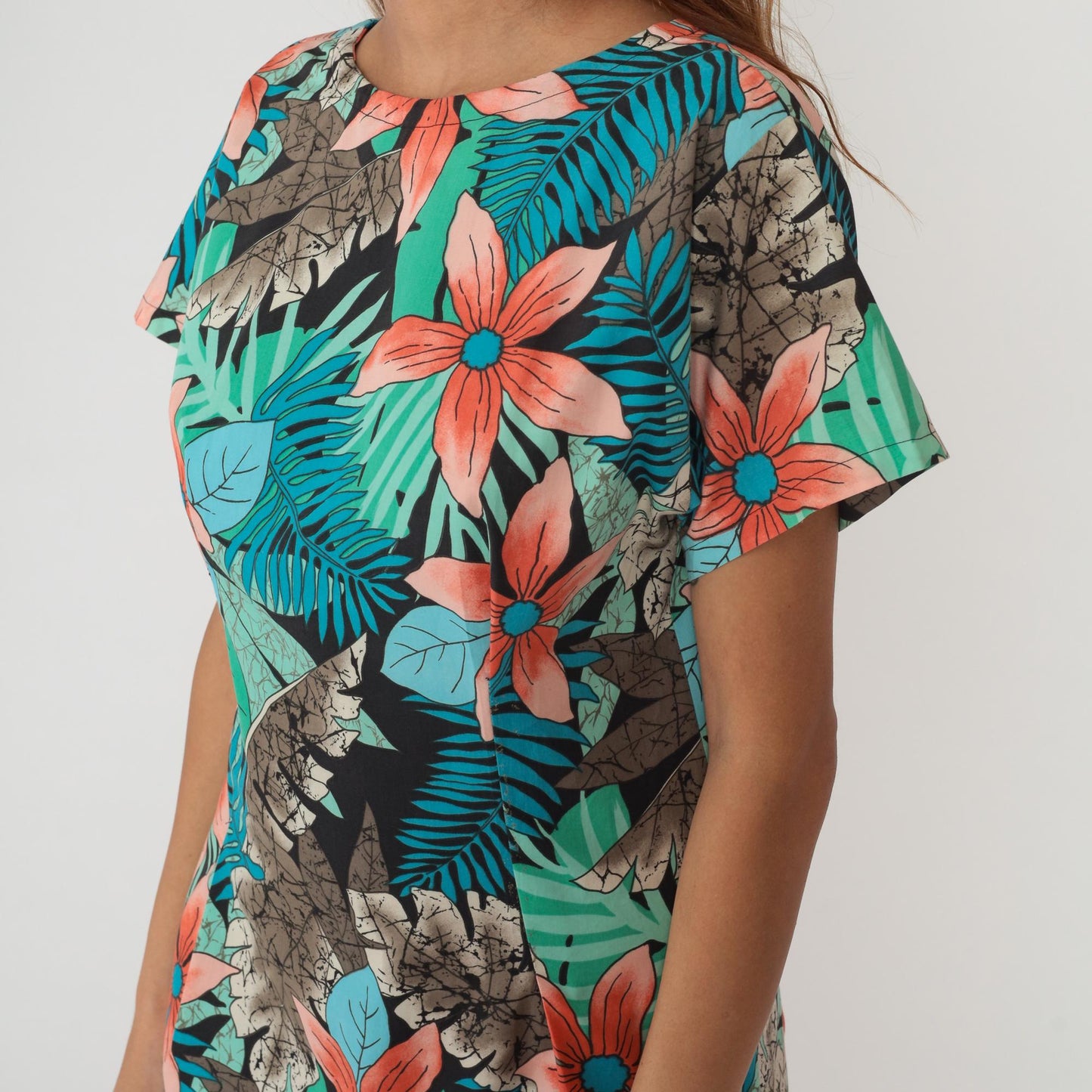 80s Tropical Palm Leaf Floral Asymmetrical Dress Coral Teal Cotton Small