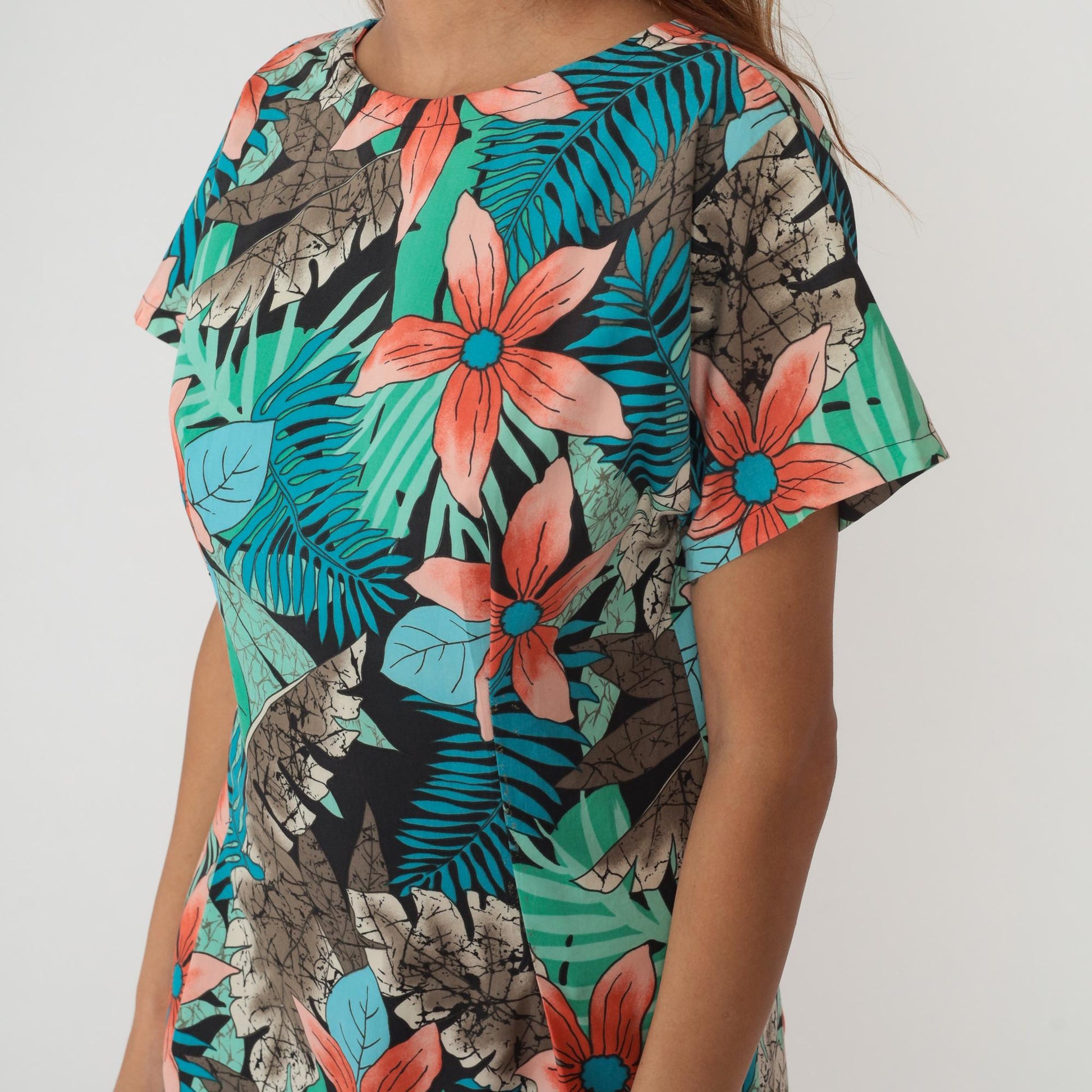 80s Tropical Palm Leaf Floral Asymmetrical Dress Coral Teal Cotton Small