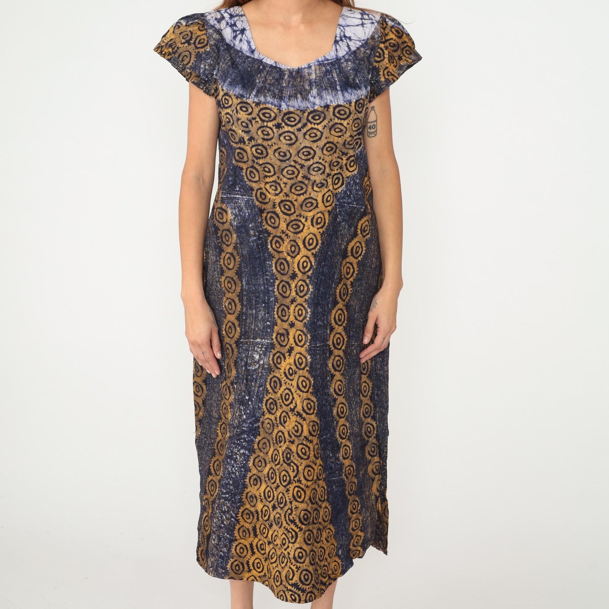 Y2K Tie Dye Blue White Maxi Dress Gold Circular Print Cap Sleeve Medium M