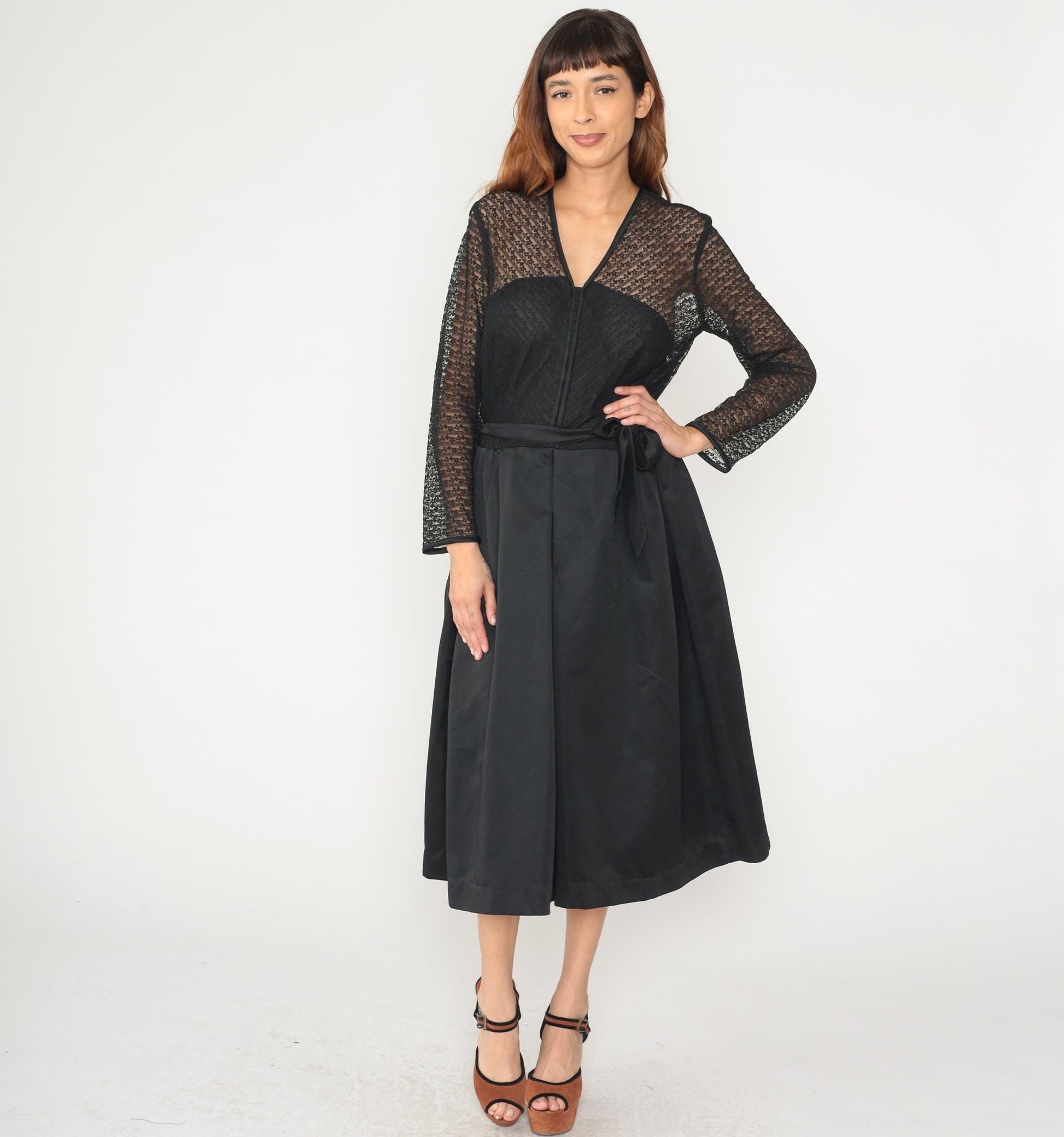 60s Herman Marcus Black Lace V-Neck Dress Tie Belt Midi Medium M