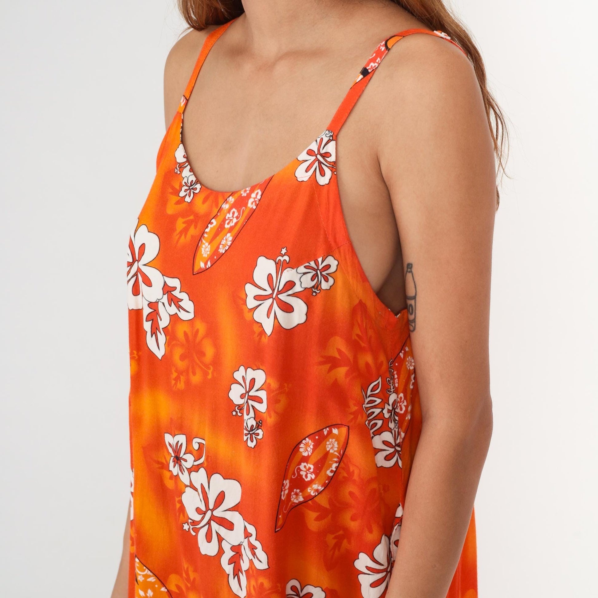Y2K Orange Hawaiian Hibiscus Maxi Dress Spaghetti Strap Slip Large L