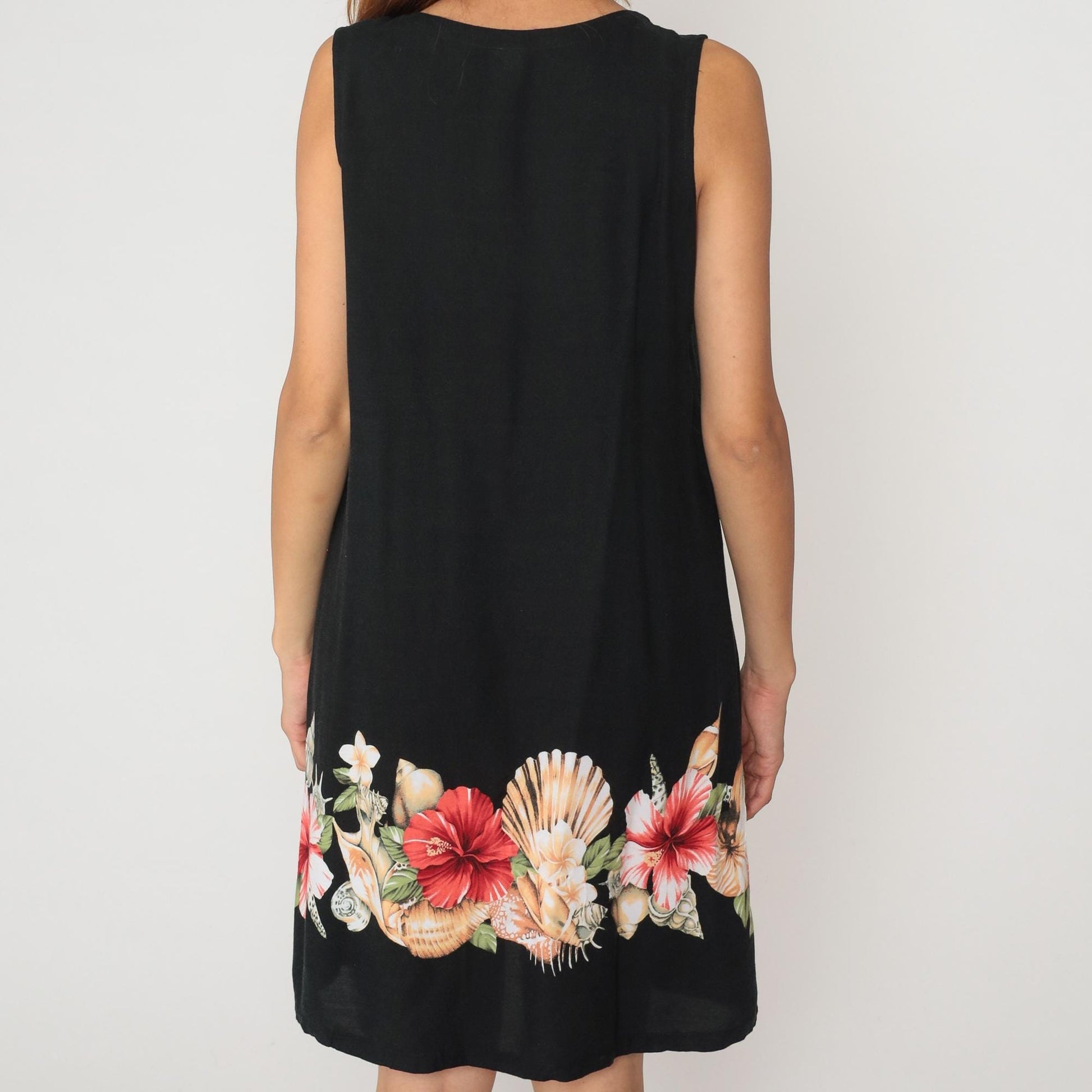 Y2K Black Hibiscus Floral Rayon Shift Dress Knee Length Large L