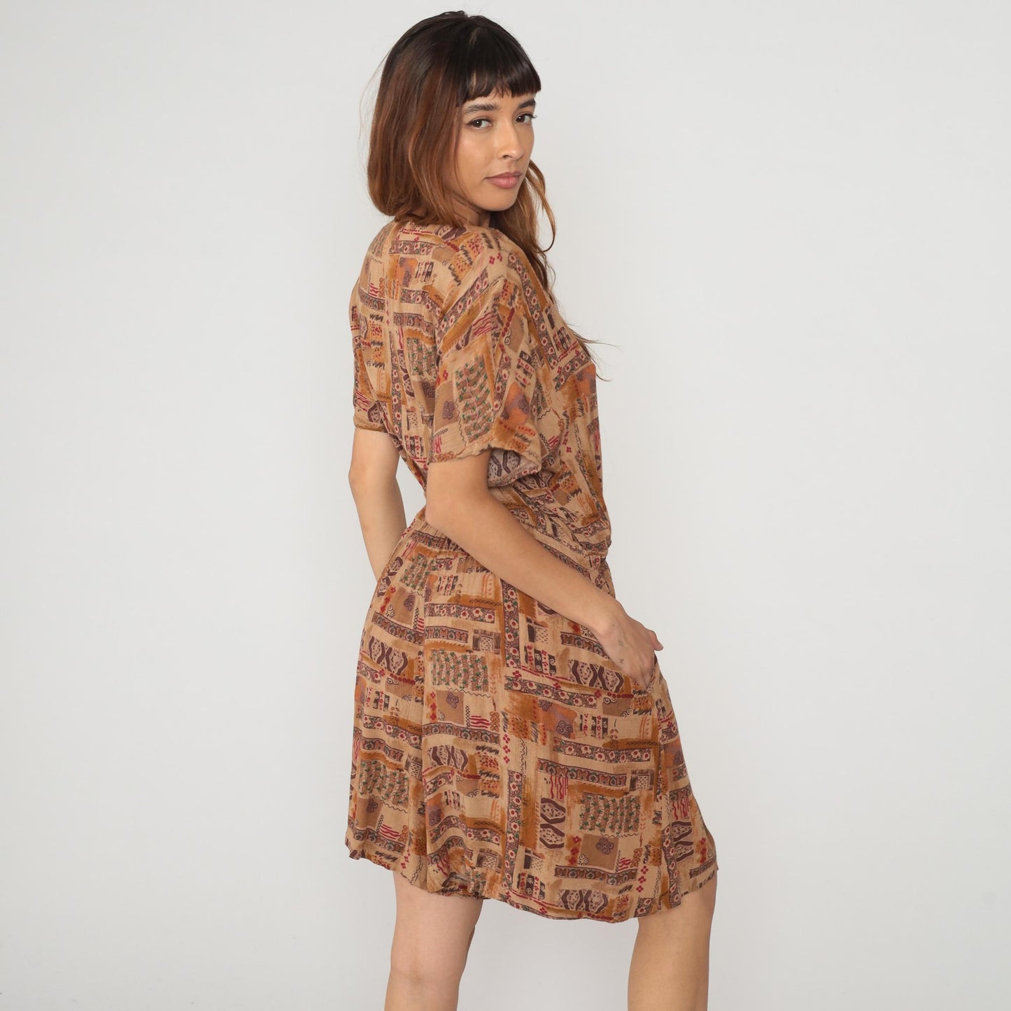 90s Rafael Patchwork Romper Ethnic Print Brown Orange Large L