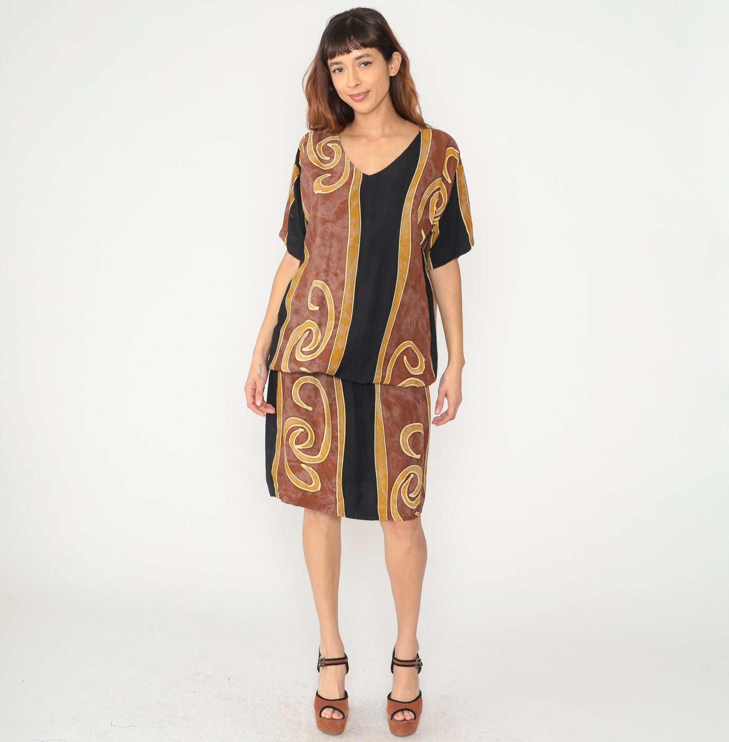 Y2K Tropical Tantrum Maxi Dress Brown Black Spiral V-Neck Flutter Sleeve Medium Large