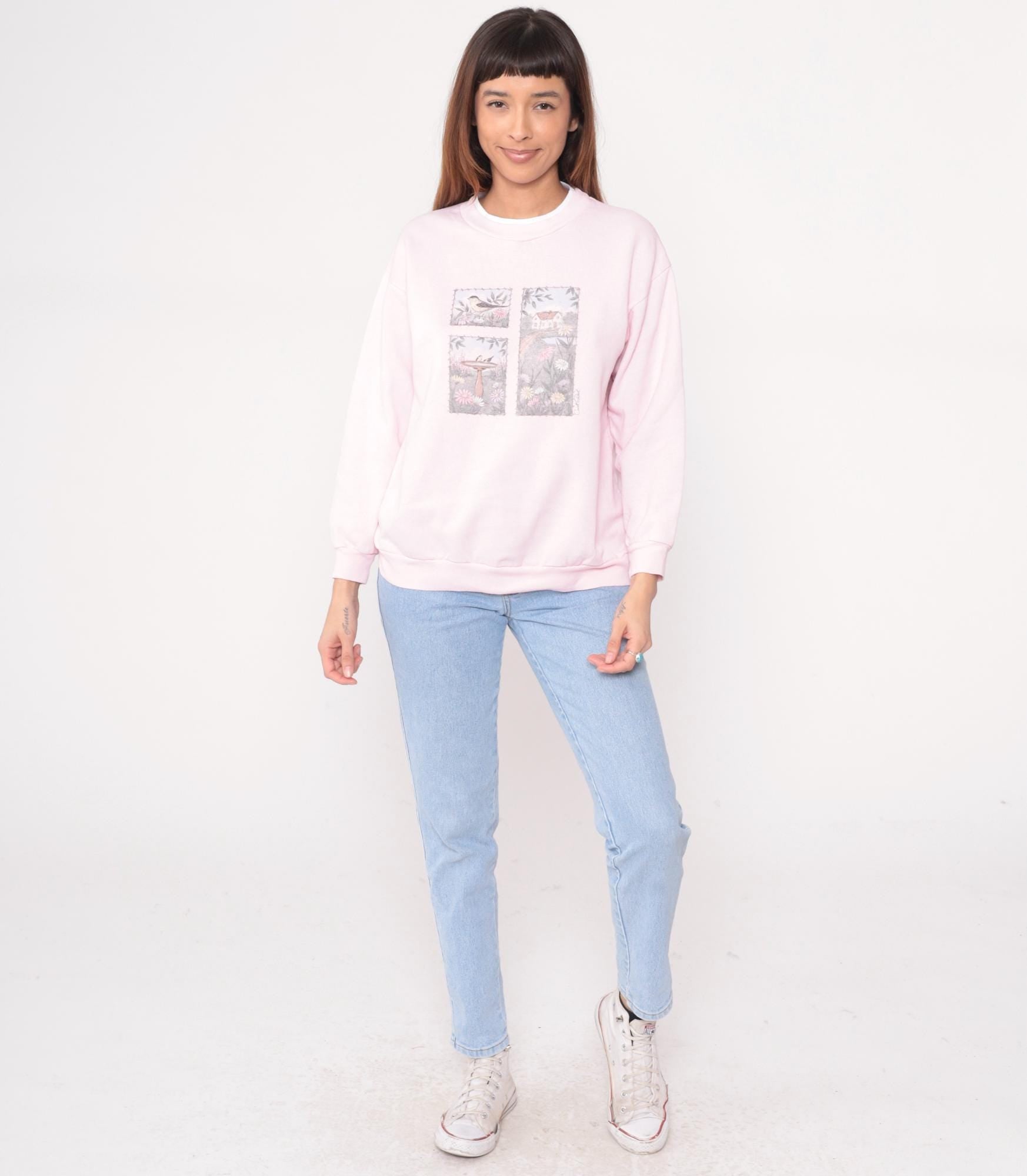 90s Caroll Reed Pink Sweatshirt Bird Garden Cottage Graphic Crew Medium M