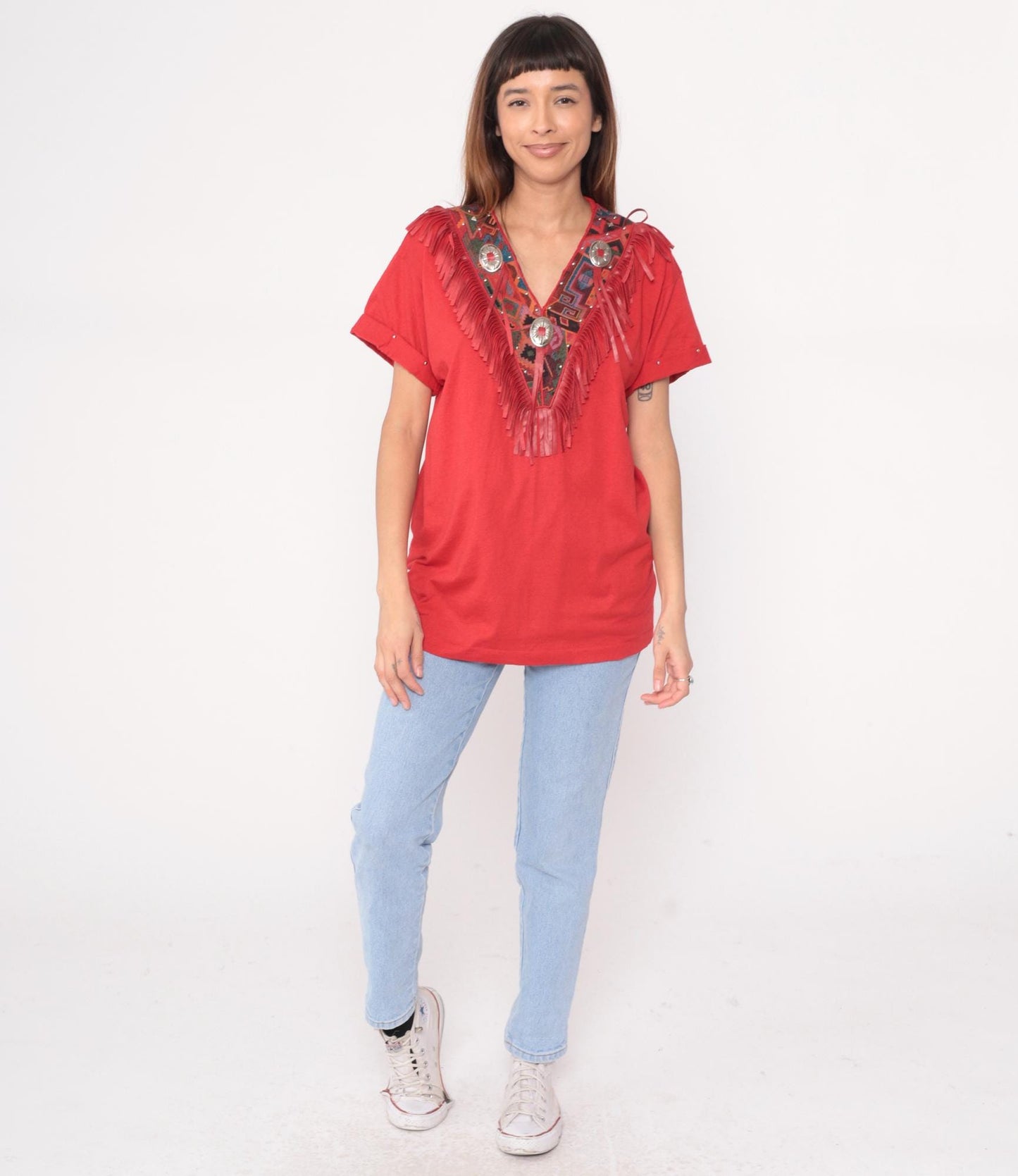 90s Joanie W. Southwestern Fringe Tunic Red Concho Embroidered V-Neck Medium